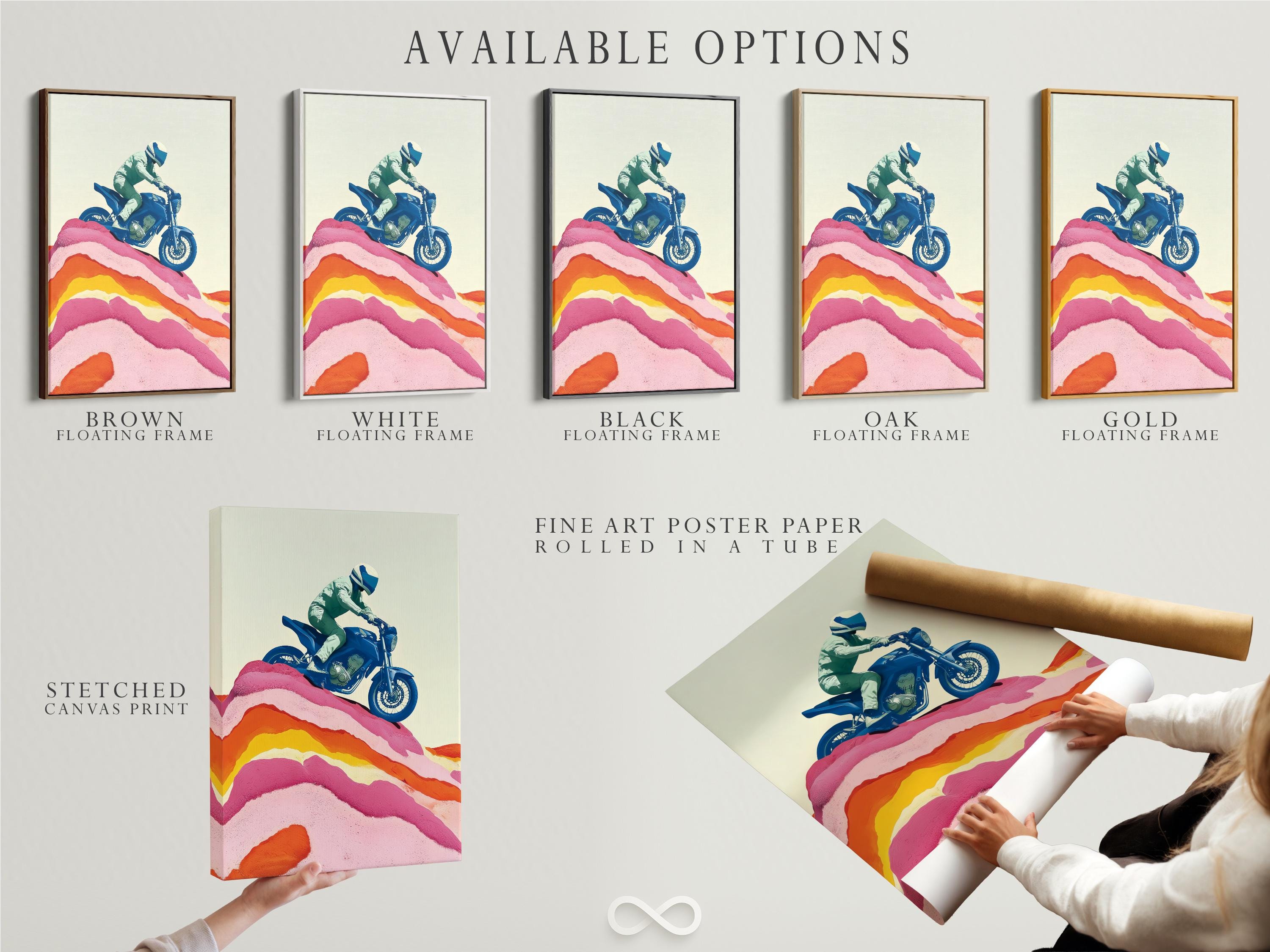 Framed wall mockup showing a stylised blue motorcycle rider over pink and orange mountain ridges