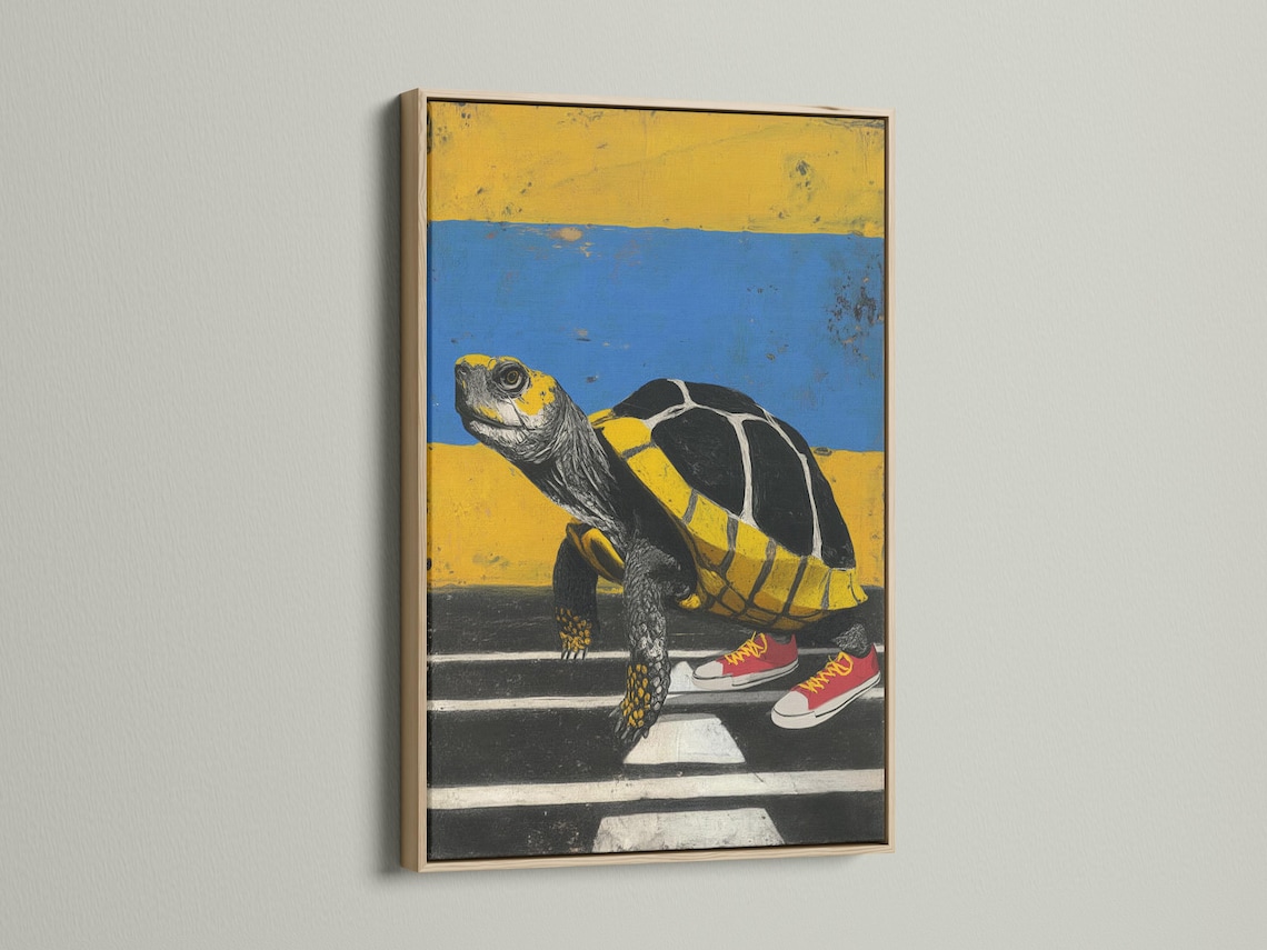 Stylised turtle wearing red sneakers on a road, with blue sky and yellow horizon detail view
