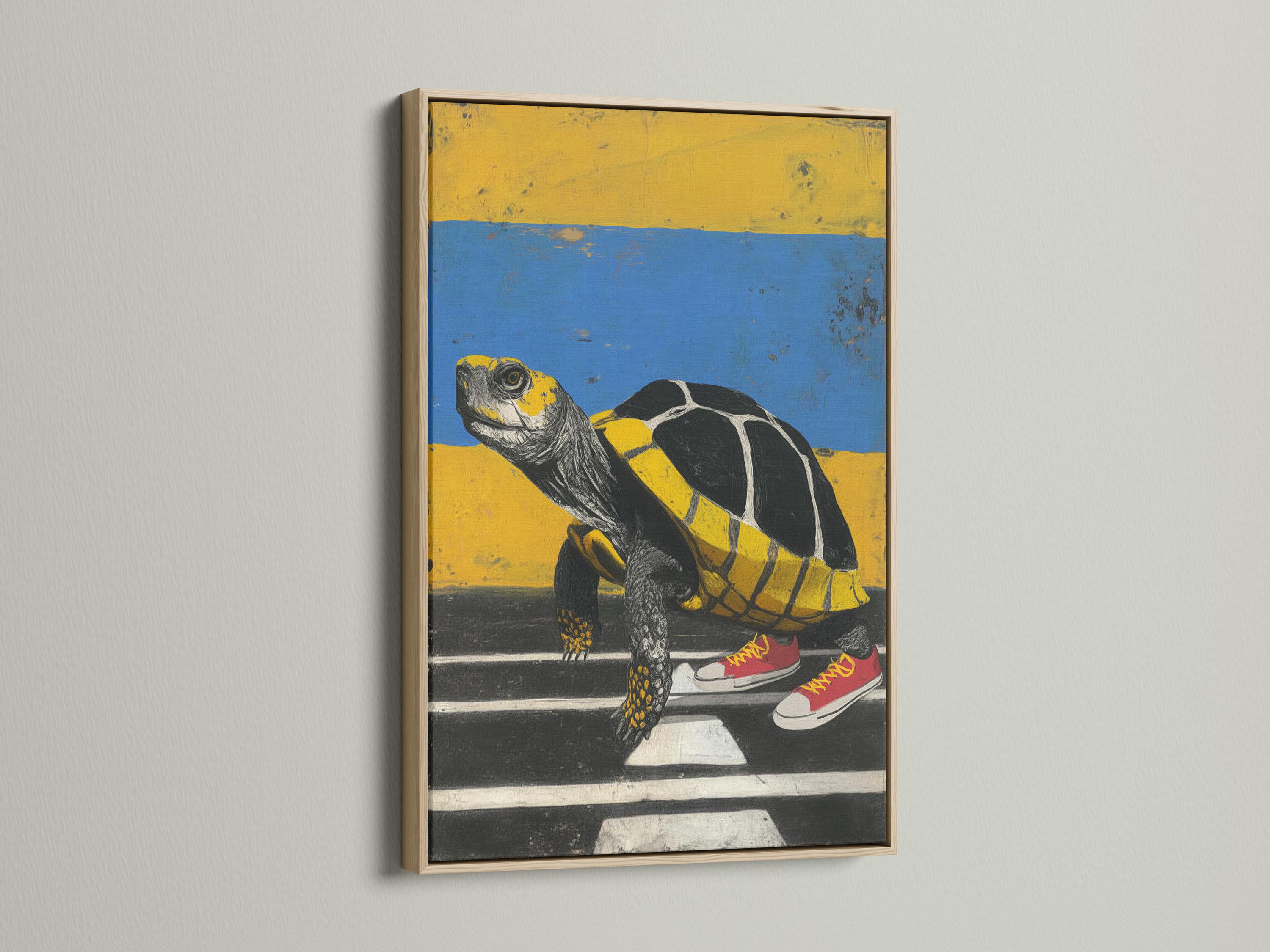 Stylised turtle wearing red sneakers on a road, with blue sky and yellow horizon detail view