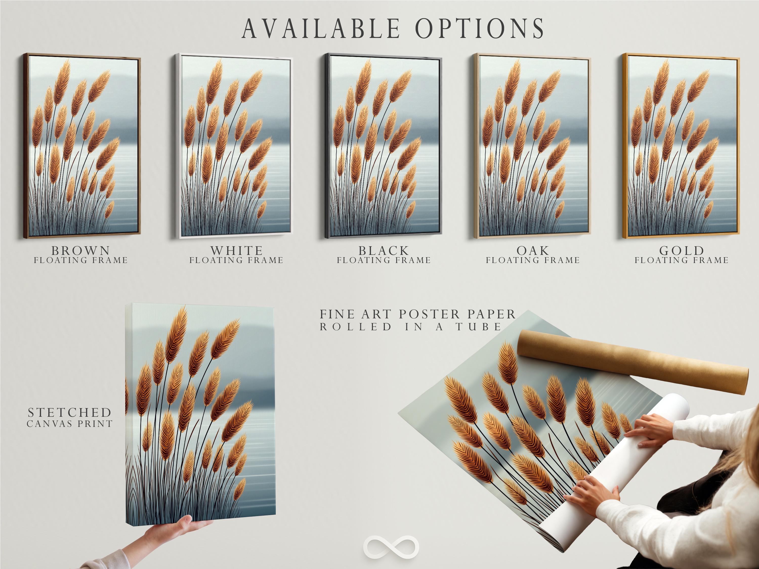 A decorative scene of tall golden wheat plumes with dark stems rises against a pale blue sky-like background with soft horizon shading detail view