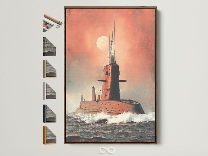 Moonlit submarine on choppy ocean waves under a dusty pink sky