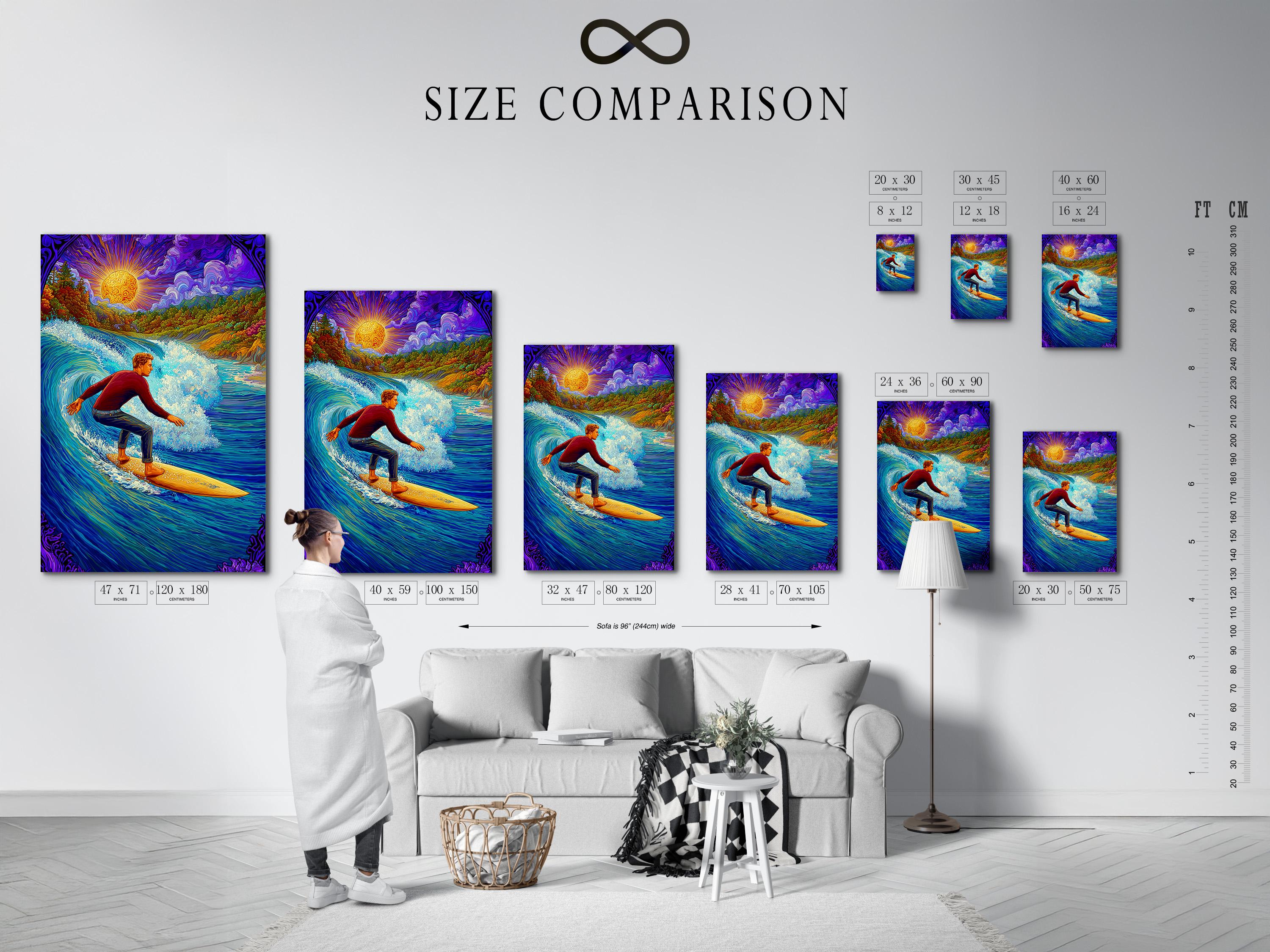 Psychedelic surfer scene with a glowing sun and vibrant ocean waves, in blue, purple and gold tones detail view