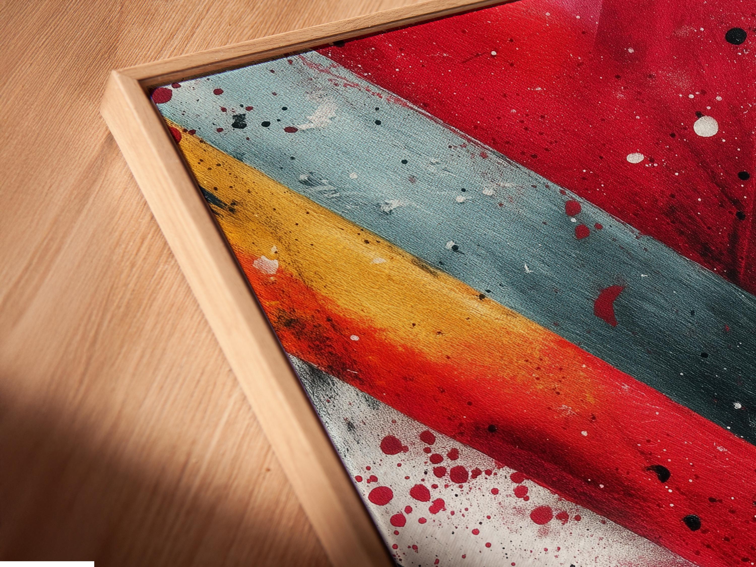 Abstract chevron V shape in red, teal and warm yellow with speckled dots detail view