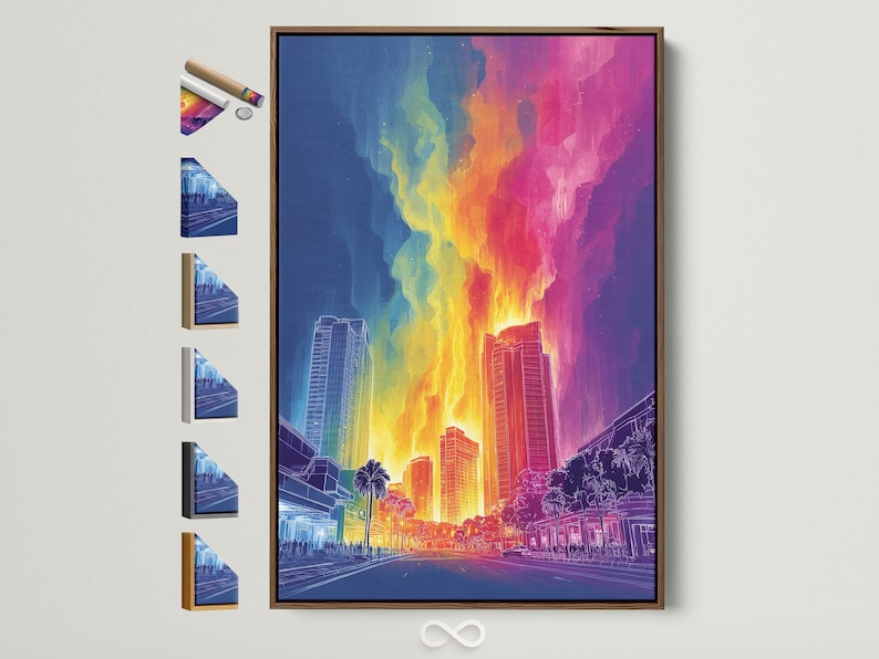 Neon rainbow cityscape skyline with glowing skyscrapers, street perspective and palm trees