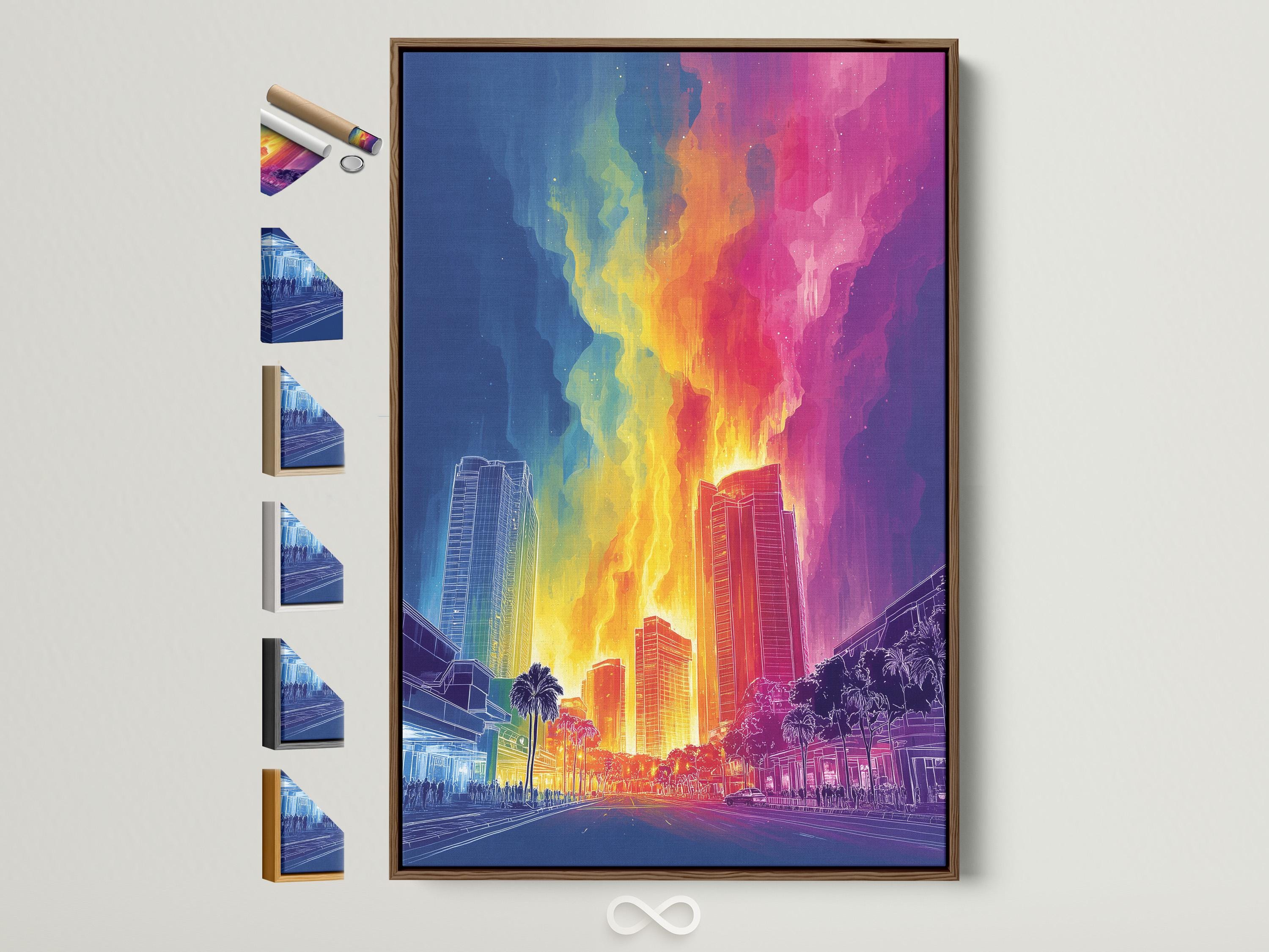Neon rainbow cityscape skyline with glowing skyscrapers, street perspective and palm trees