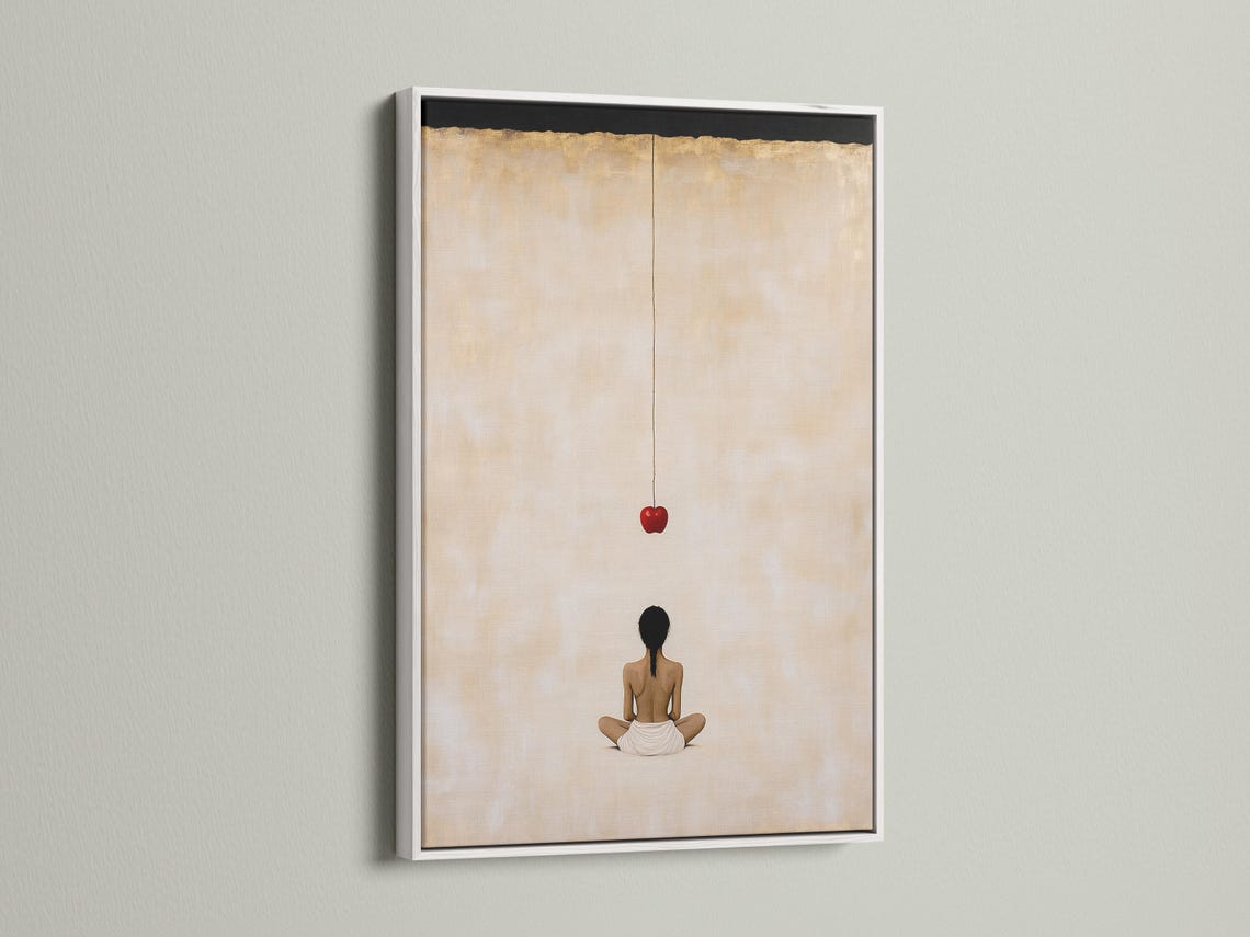 Minimalist meditating figure with a red apple on a warm beige background detail view