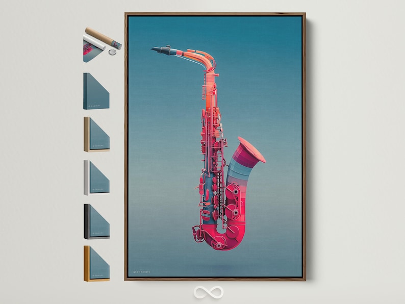 Stylised saxophone illustration in red on a teal-blue background
