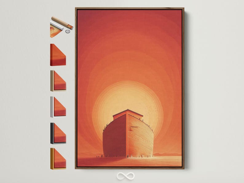 Ark-like vessel in a warm orange sunset scene with a glowing sun halo