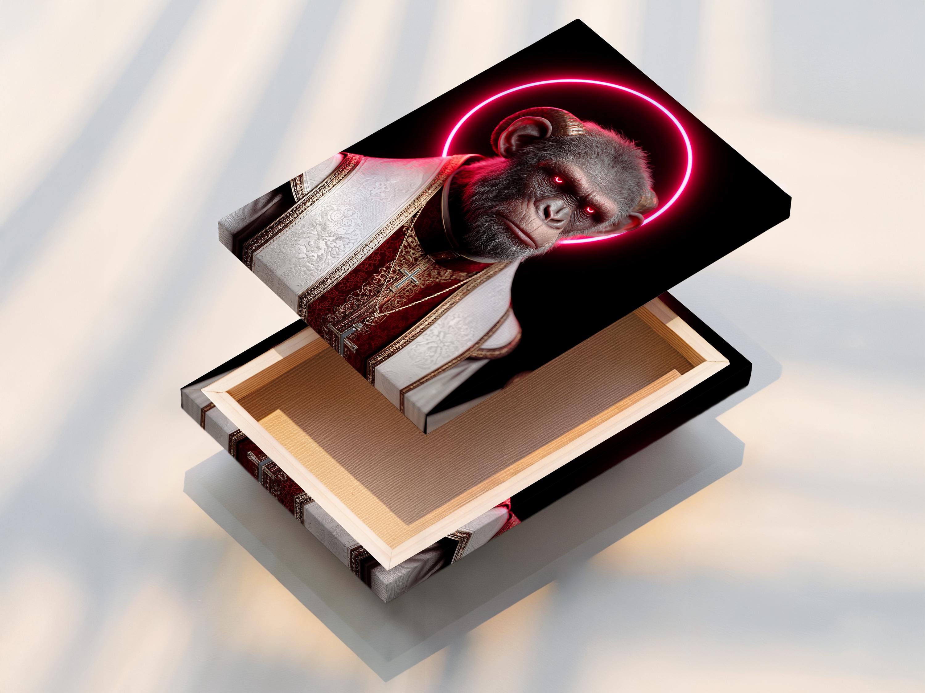 Surreal monkey portrait with a bright pink neon halo and red-and-gold robes detail view