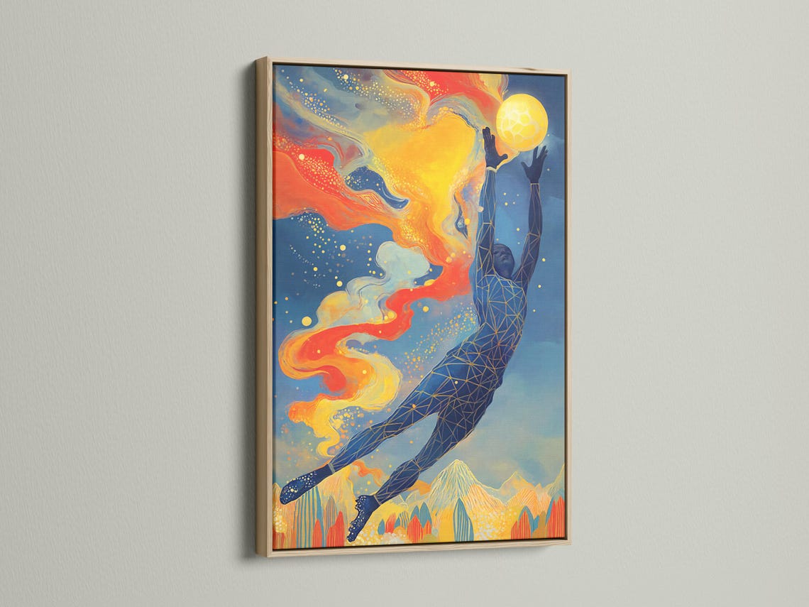 Abstract sports figure reaching upward beside a glowing yellow sun, in blue, orange and gold with speckled dots detail view