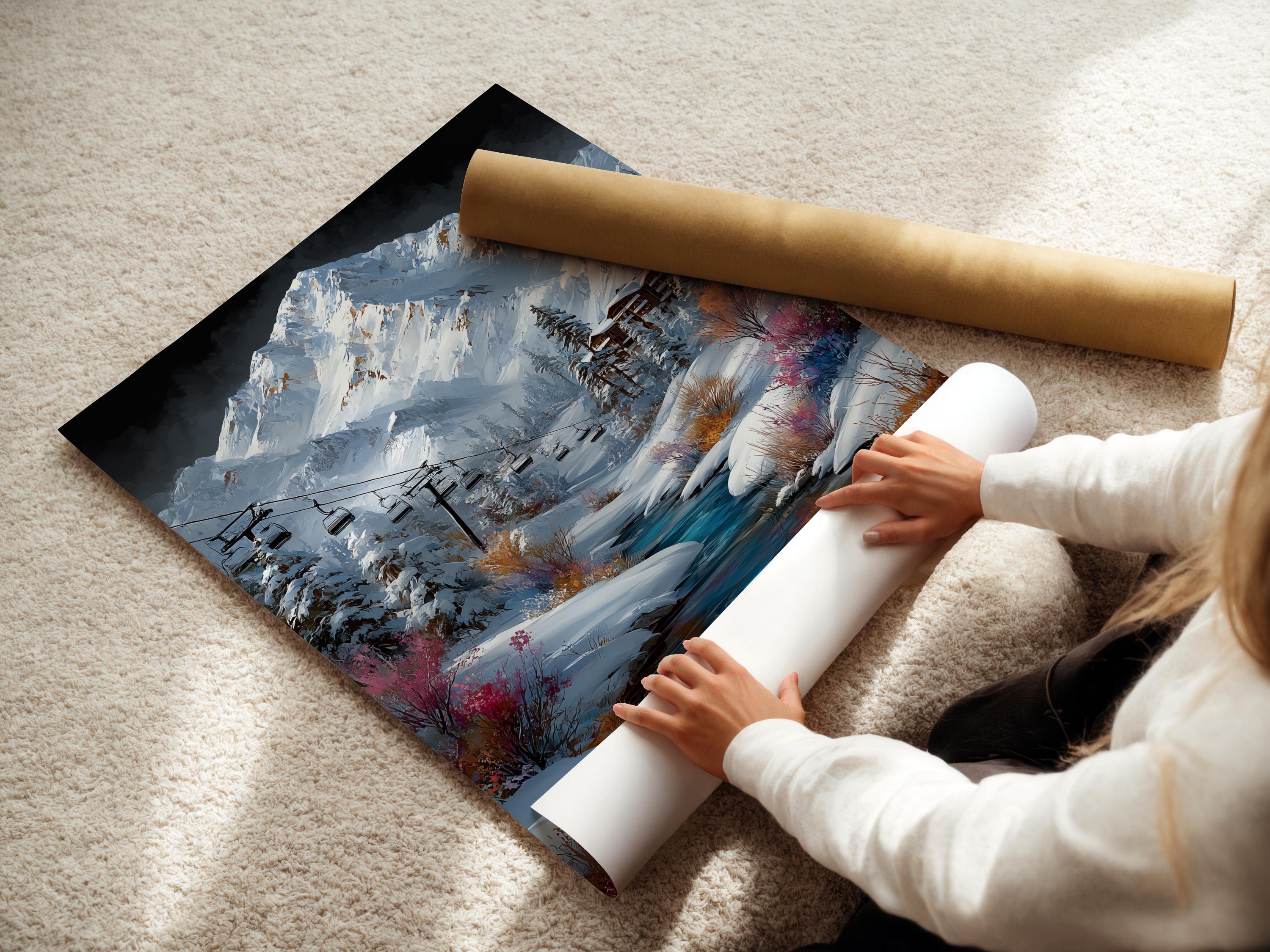 Room mockup featuring a framed snowy mountain landscape with ski lift gondolas