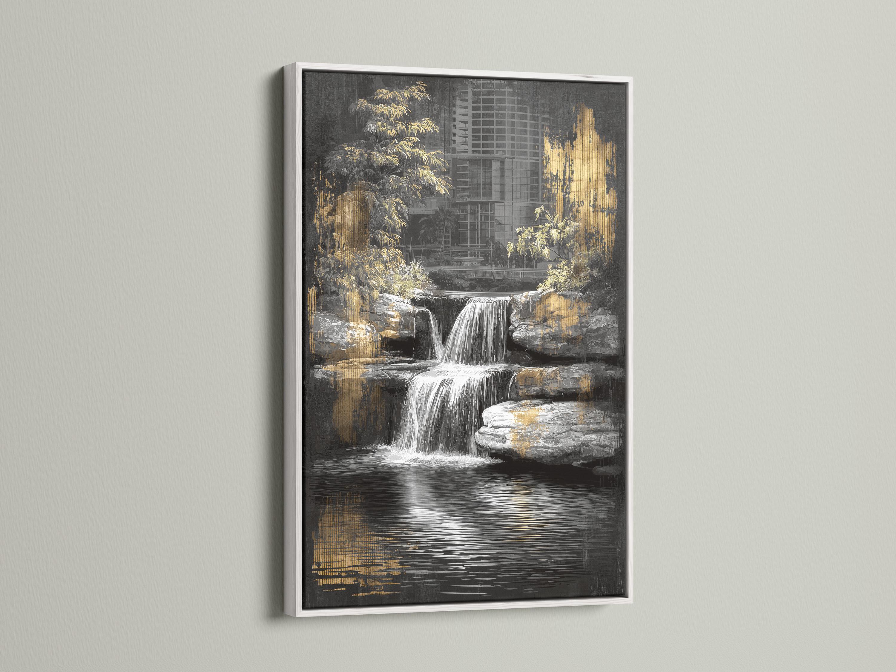 Black and gold waterfall artwork with a cityscape and trees, featuring reflective water below detail view