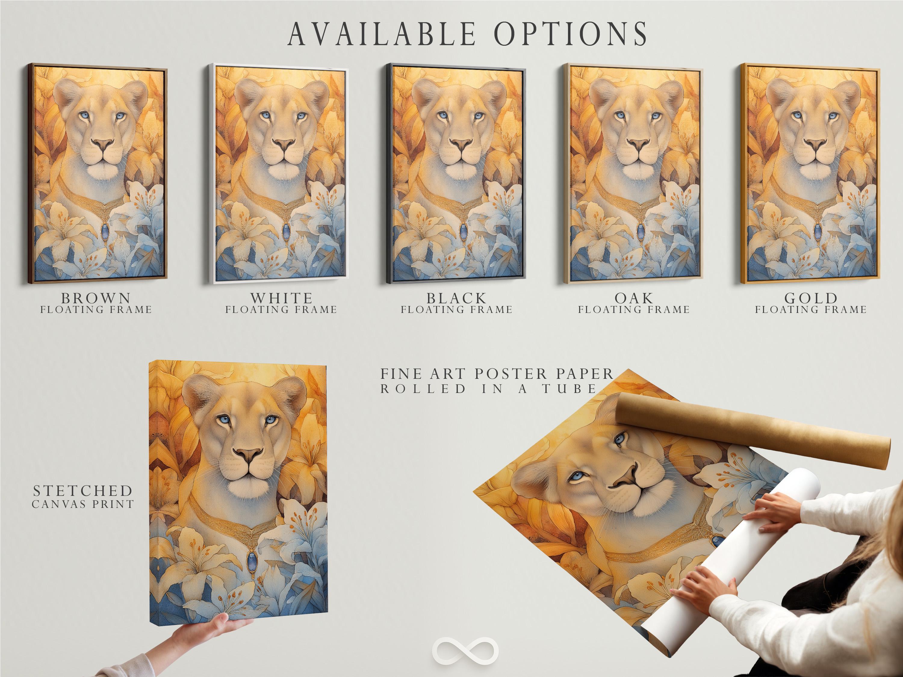 Blue-eyed lioness portrait with pale blue lily flowers and warm gold foliage background detail view