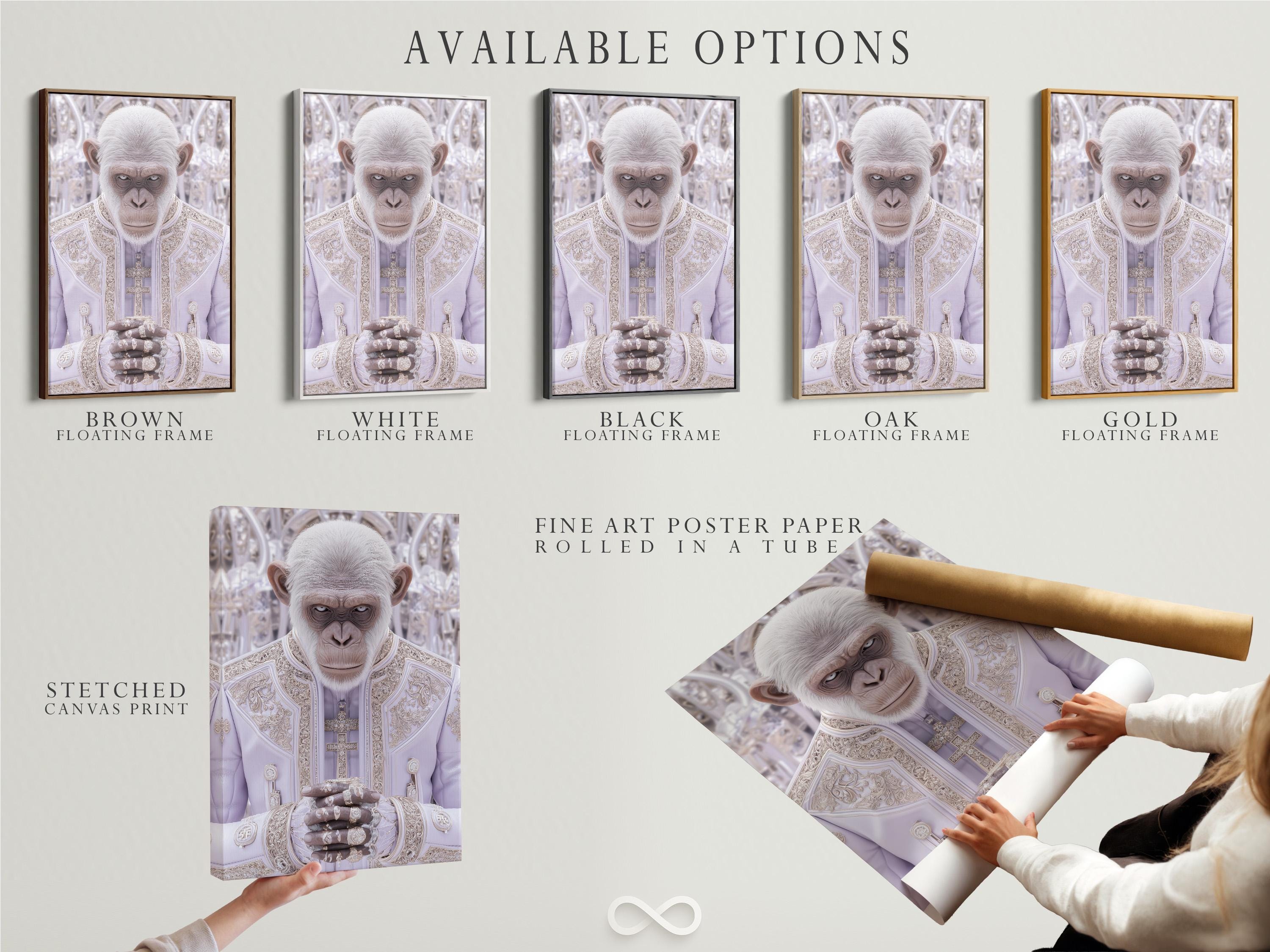 Surreal white monkey-like figure in ornate pale robes with cross motif in a soft lilac background detail view