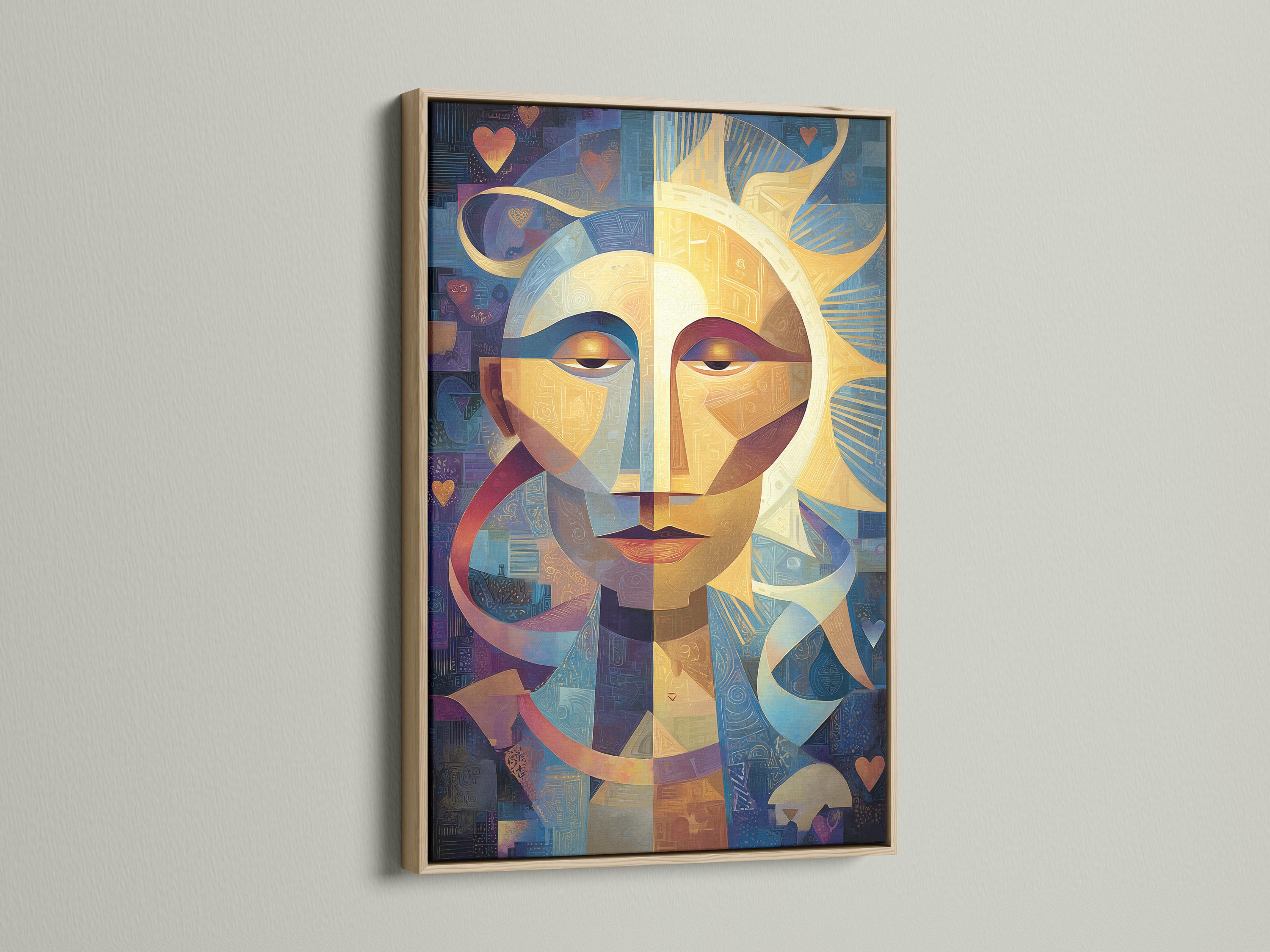Geometric abstract face with a golden sunburst centre, blue and gold shapes, and small heart motifs detail view