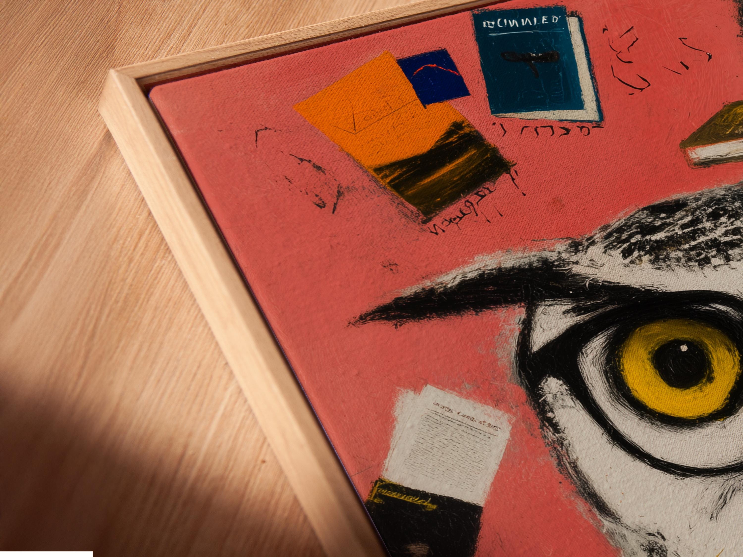 Stylised owl with large yellow eyes surrounded by illustrated books on a coral, blue and yellow background detail view