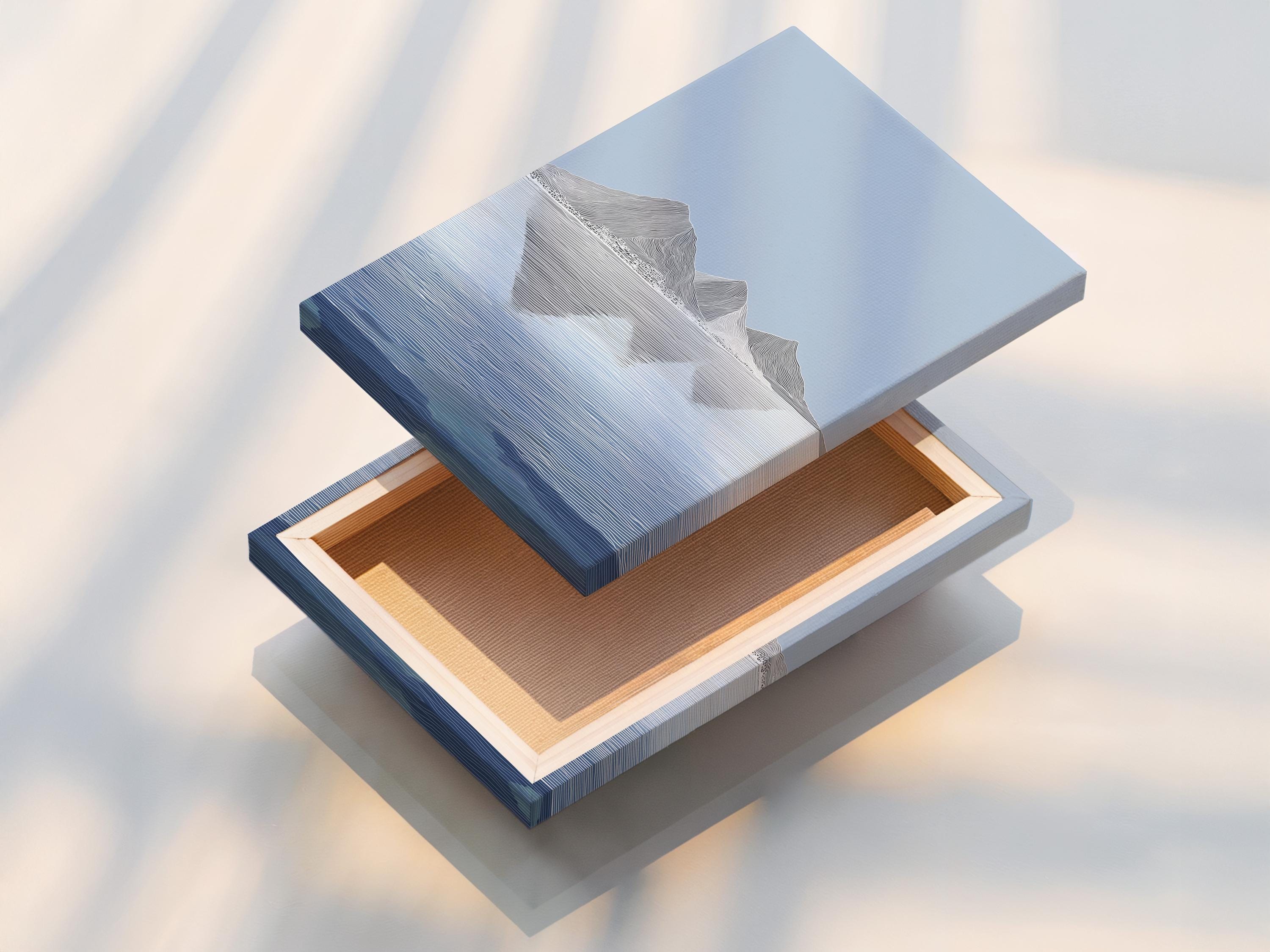 Wall mockup showing a framed blue minimalist mountain reflection landscape artwork