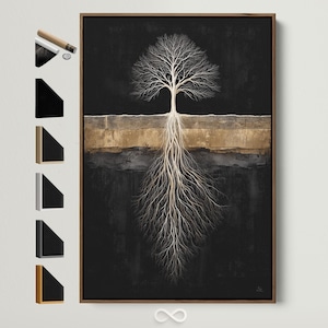 May include: A framed canvas art print featuring a stylized tree with a white crown and roots against a dark background. The artwork has a brown wooden frame and a neutral color palette, suitable for home decor.