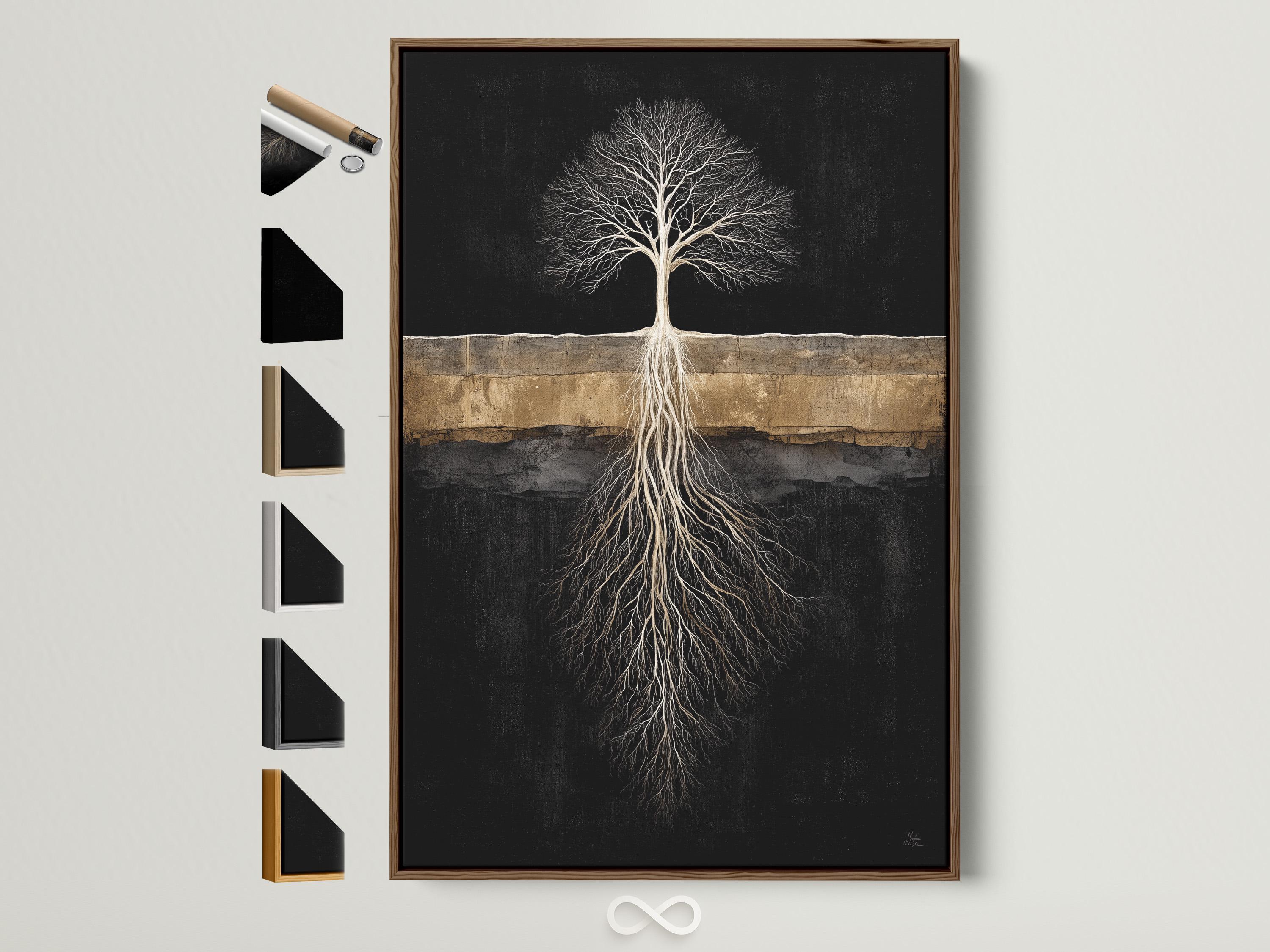 Room mockup with a person reading and a dark tree roots artwork above a bed