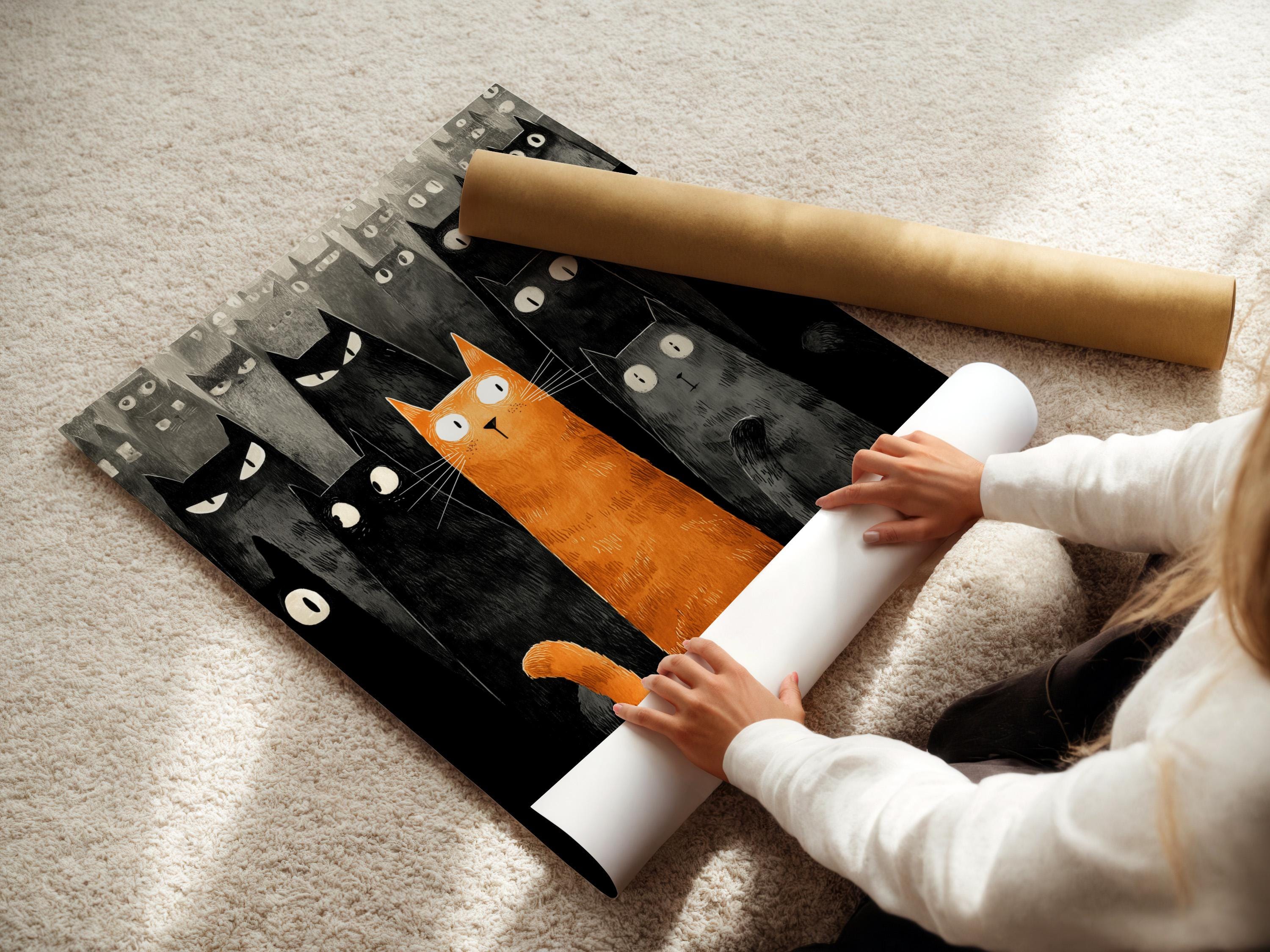 Orange cat and multiple black and grey cats in a textured illustration style detail view