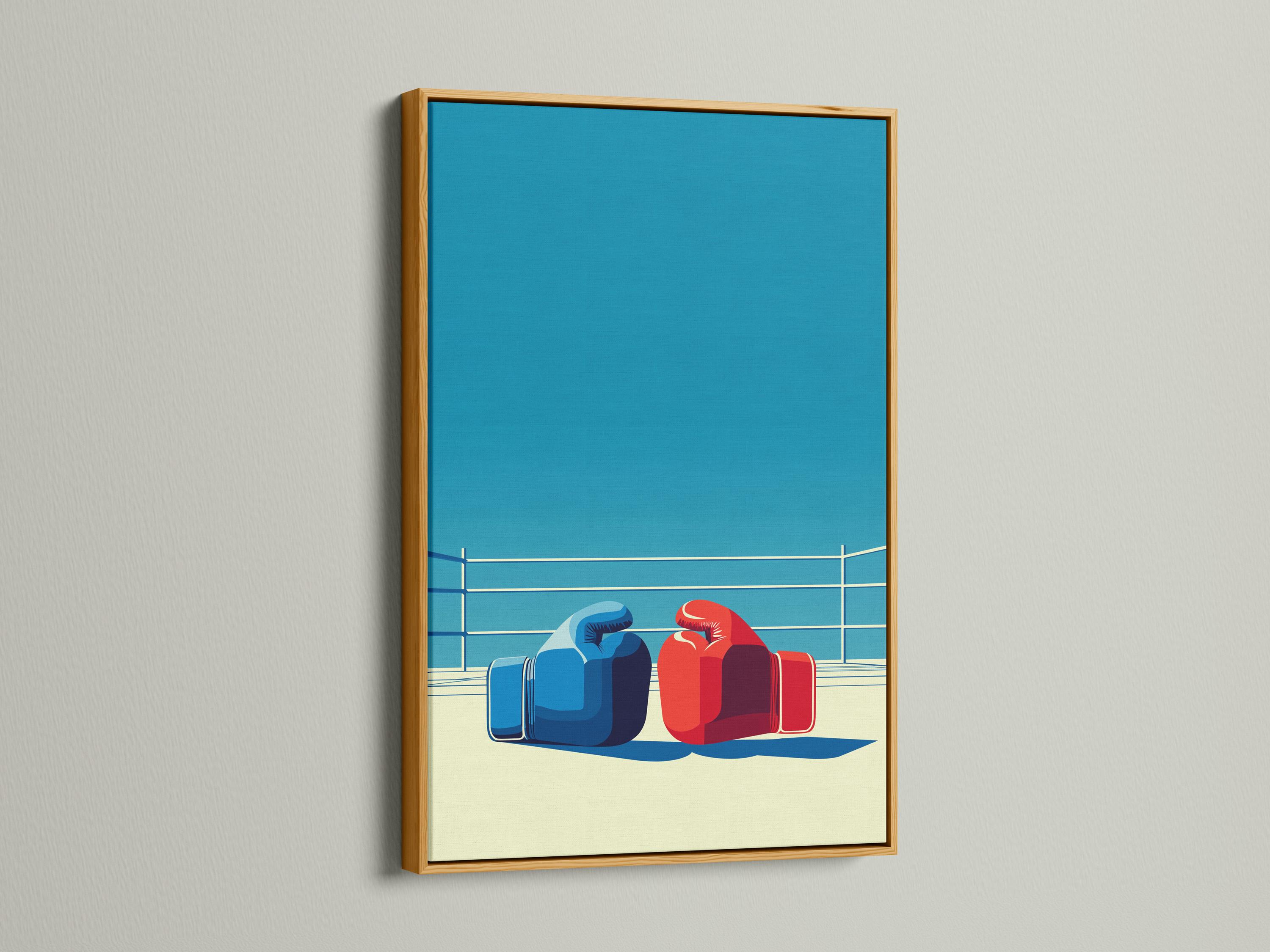 Wall mockup showing a framed boxing ring artwork with blue and red gloves and white ropes