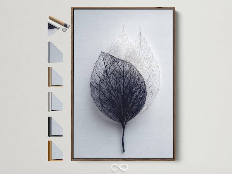 Skeletonised leaf illustration with fine vein linework in charcoal and grey on a pale blue-grey background