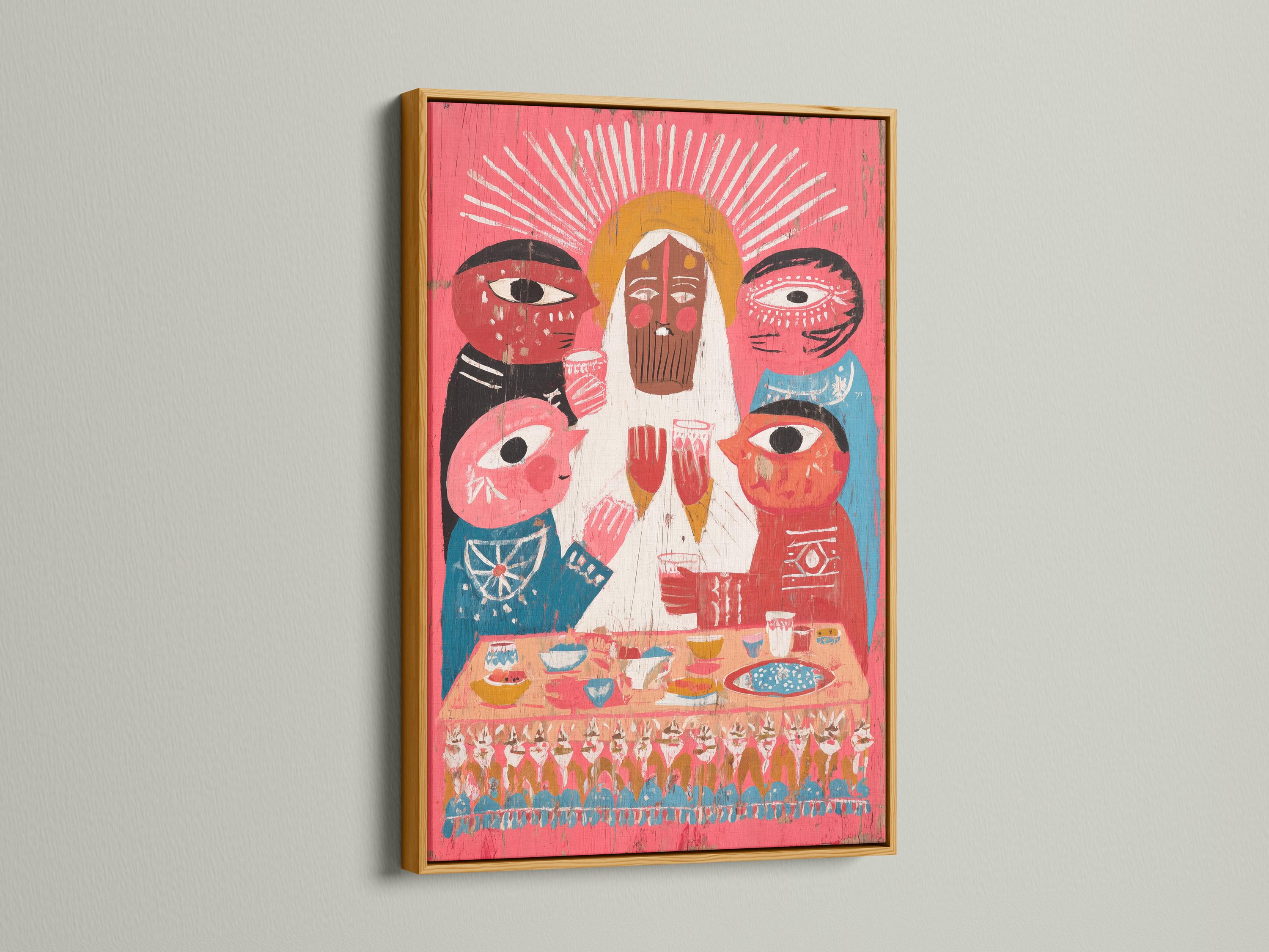 Stylised folk illustration with three haloed figures, bowls on a table, and a crowd band on a red background detail view
