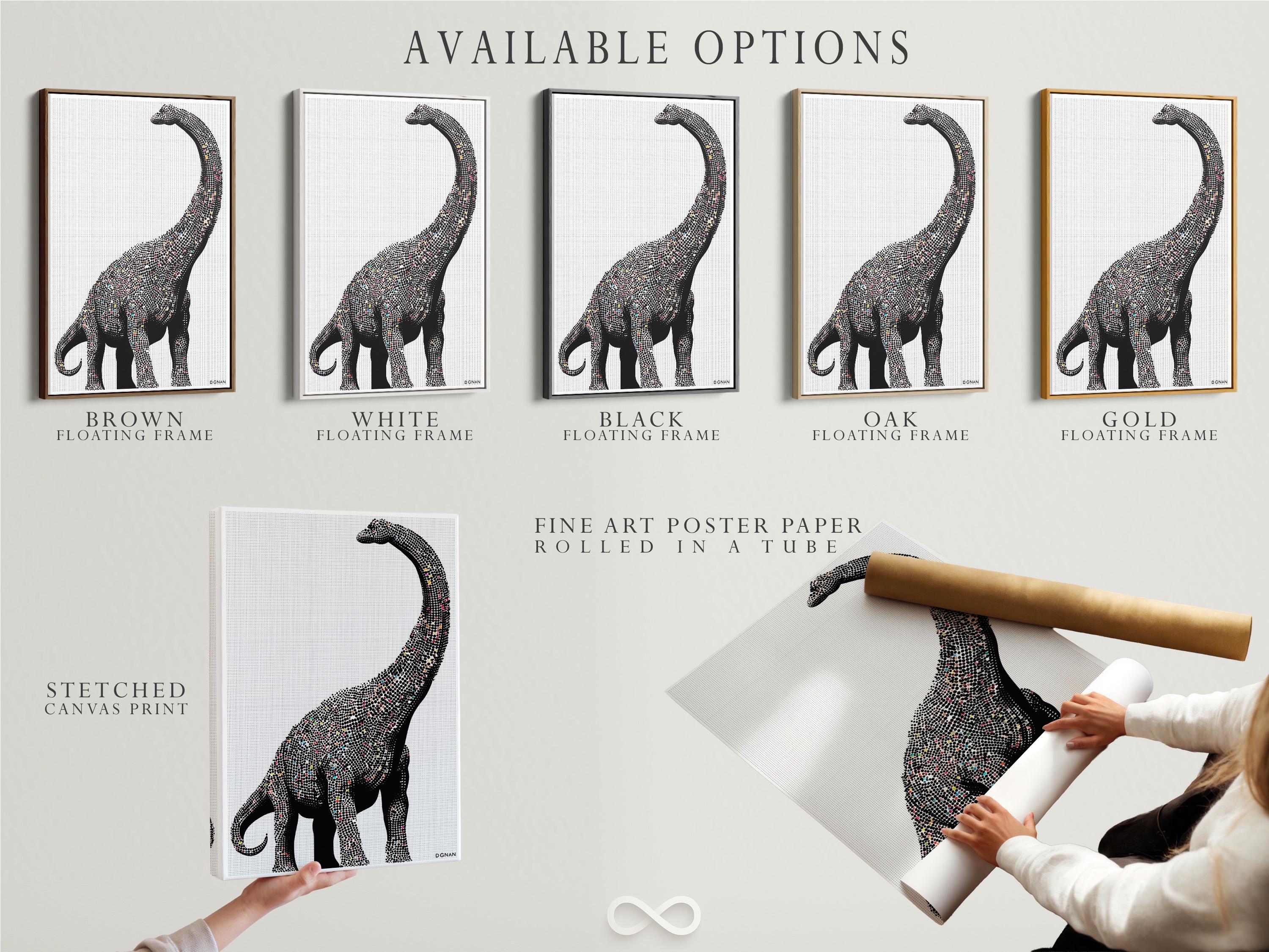 Minimalist dinosaur silhouette made from a dense dot pattern in black and off-white detail view