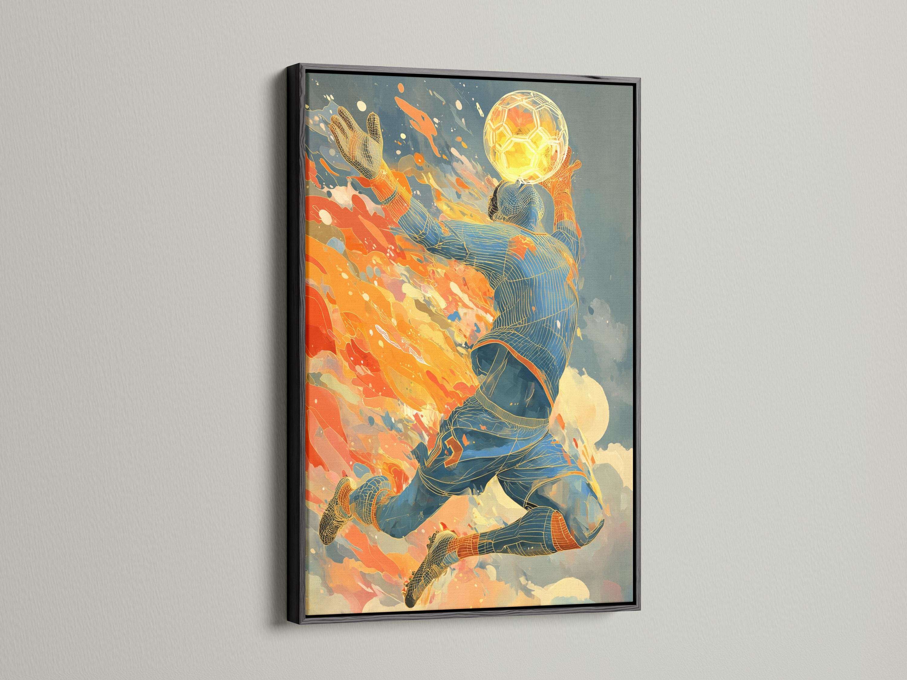 Stylised soccer goalie diving with a glowing football in orange and blue splashes detail view