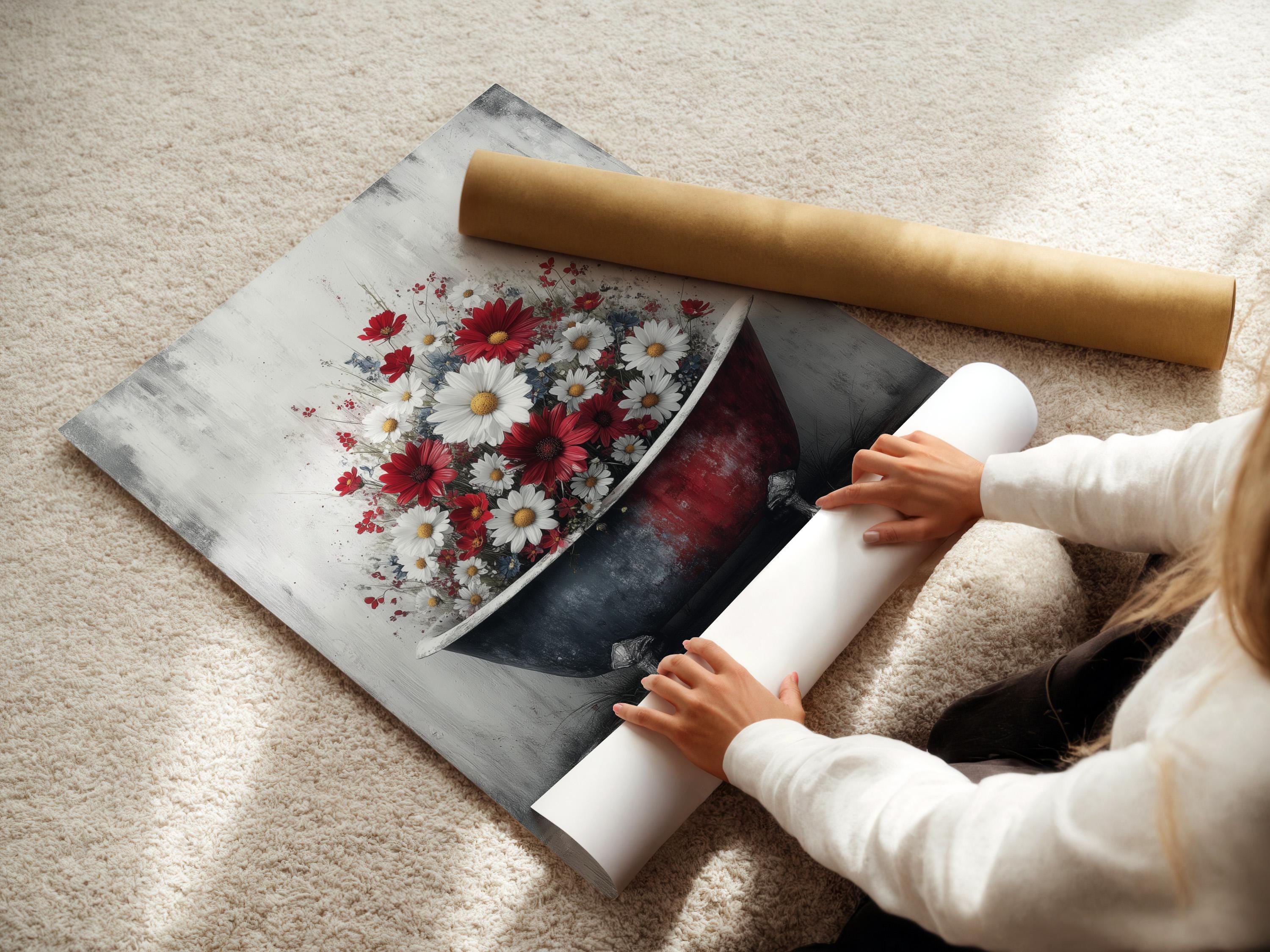 Vintage bathtub filled with red and white daisies on a distressed grey background detail view