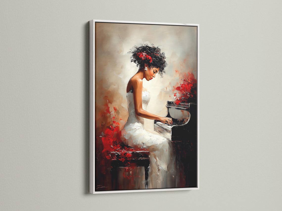 Portrait painting of a woman playing the piano with black, red and light neutral tones detail view