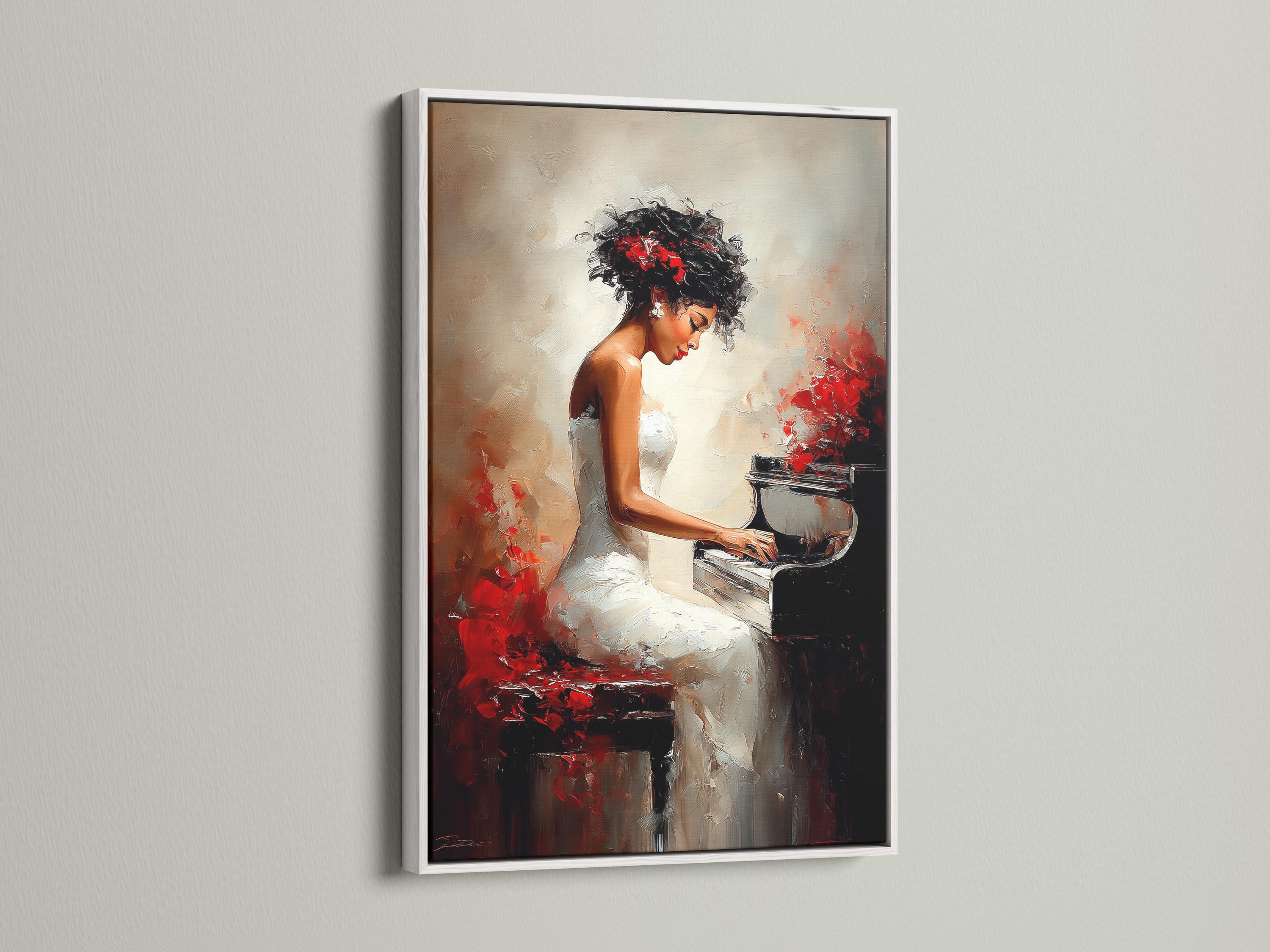 Portrait painting of a woman playing the piano with black, red and light neutral tones detail view