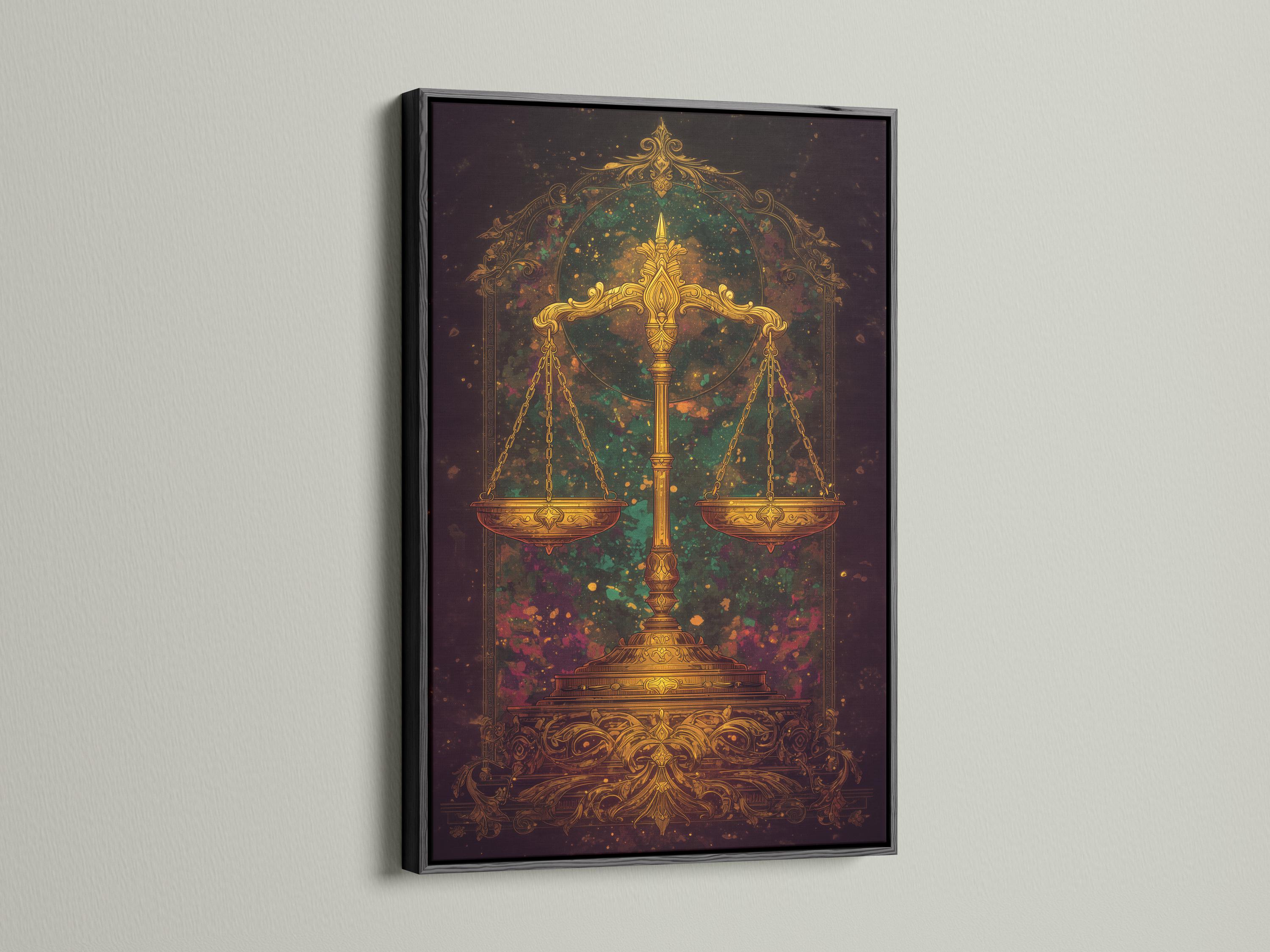 Mockup showing ornate golden balance scales artwork on a wall