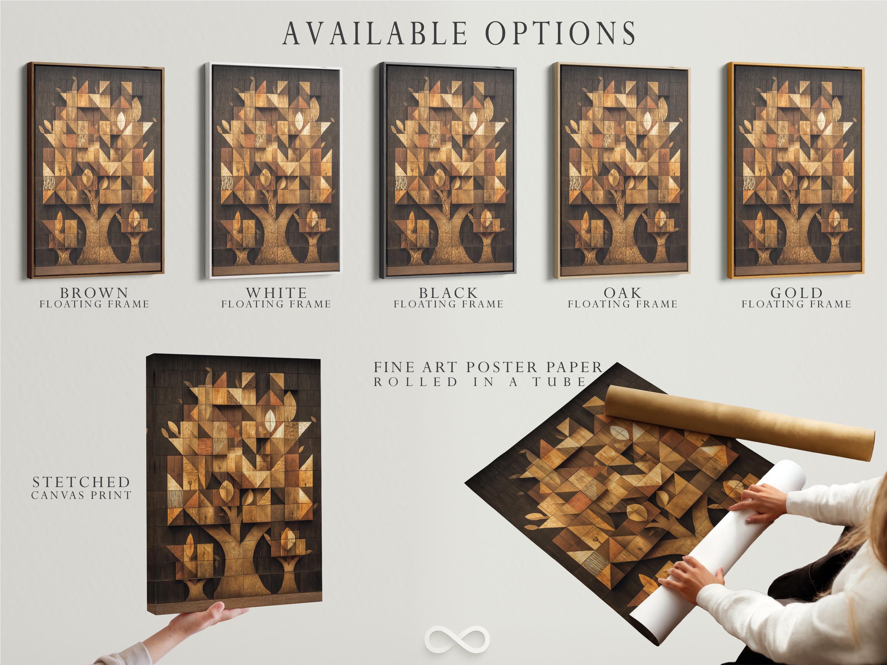 Geometric tree mosaic artwork with interlocking blocks in beige, tan, charcoal and gold tones detail view