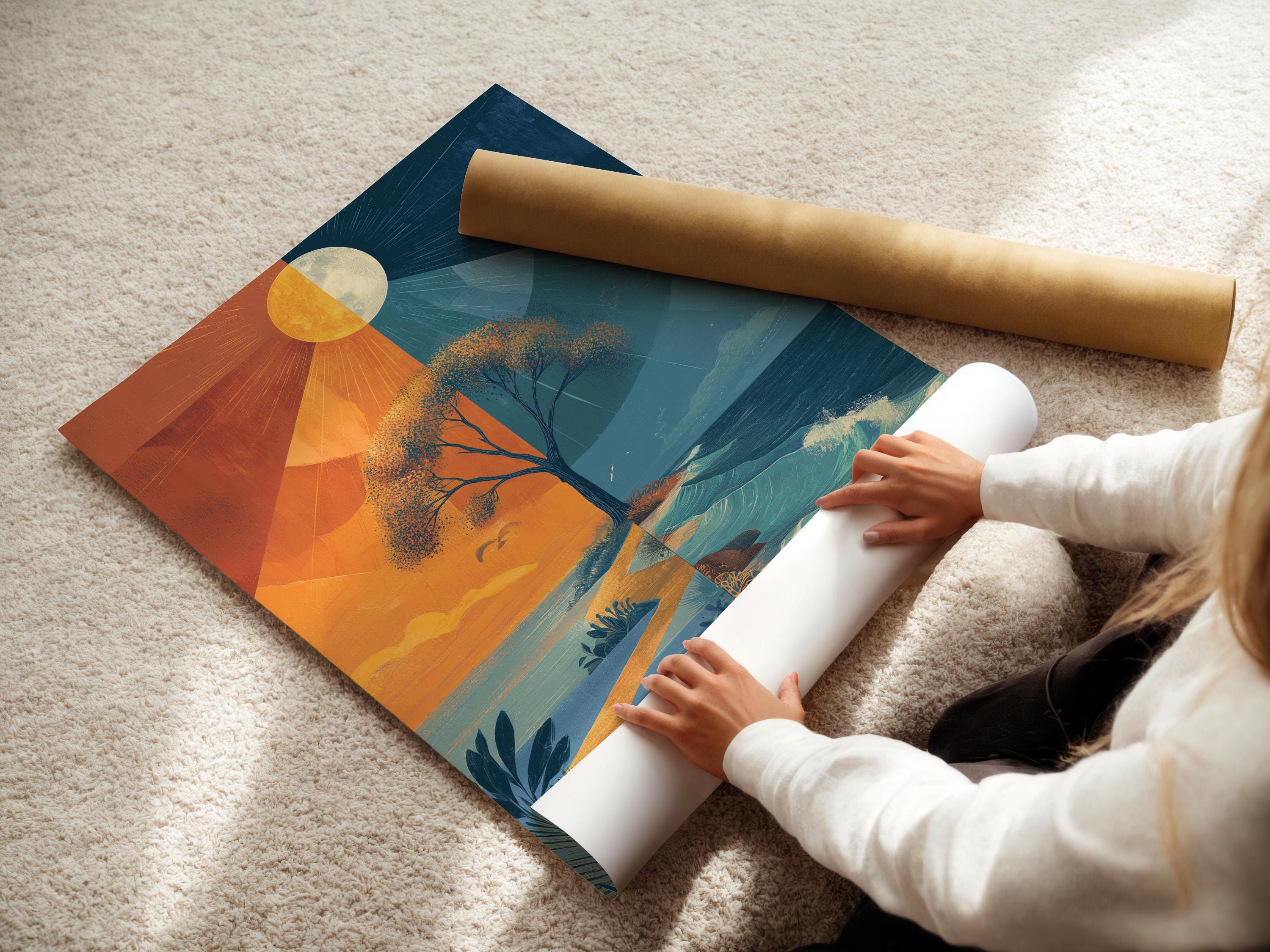 Stylised tree in a geometric split seascape with orange sky and blue ocean waves detail view