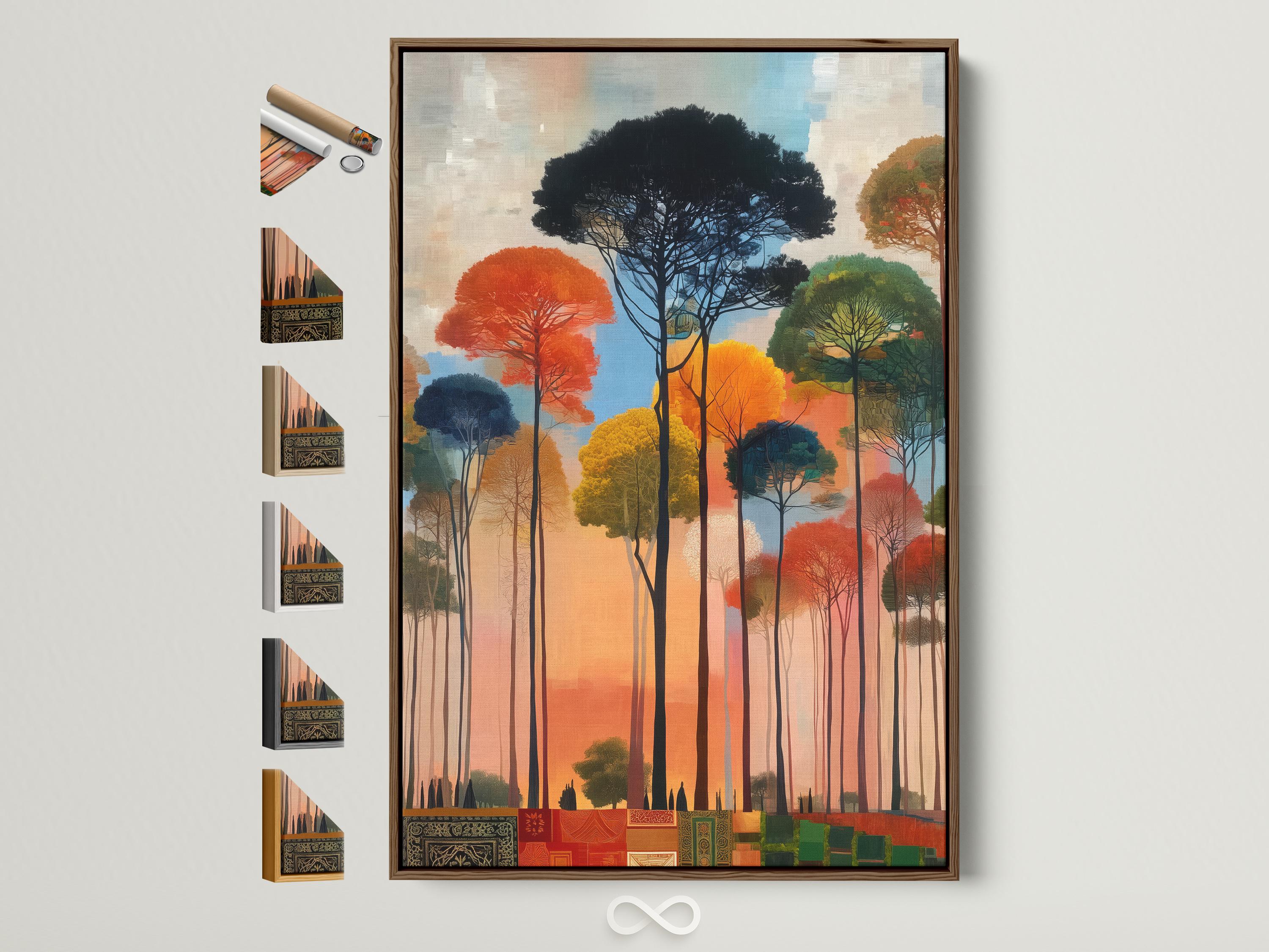 Room mockup with a large framed forest artwork above a sofa