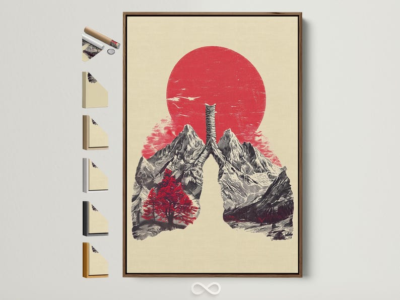 Mountain landscape artwork with a red sun, monochrome peaks, and a ribcage-like figure
