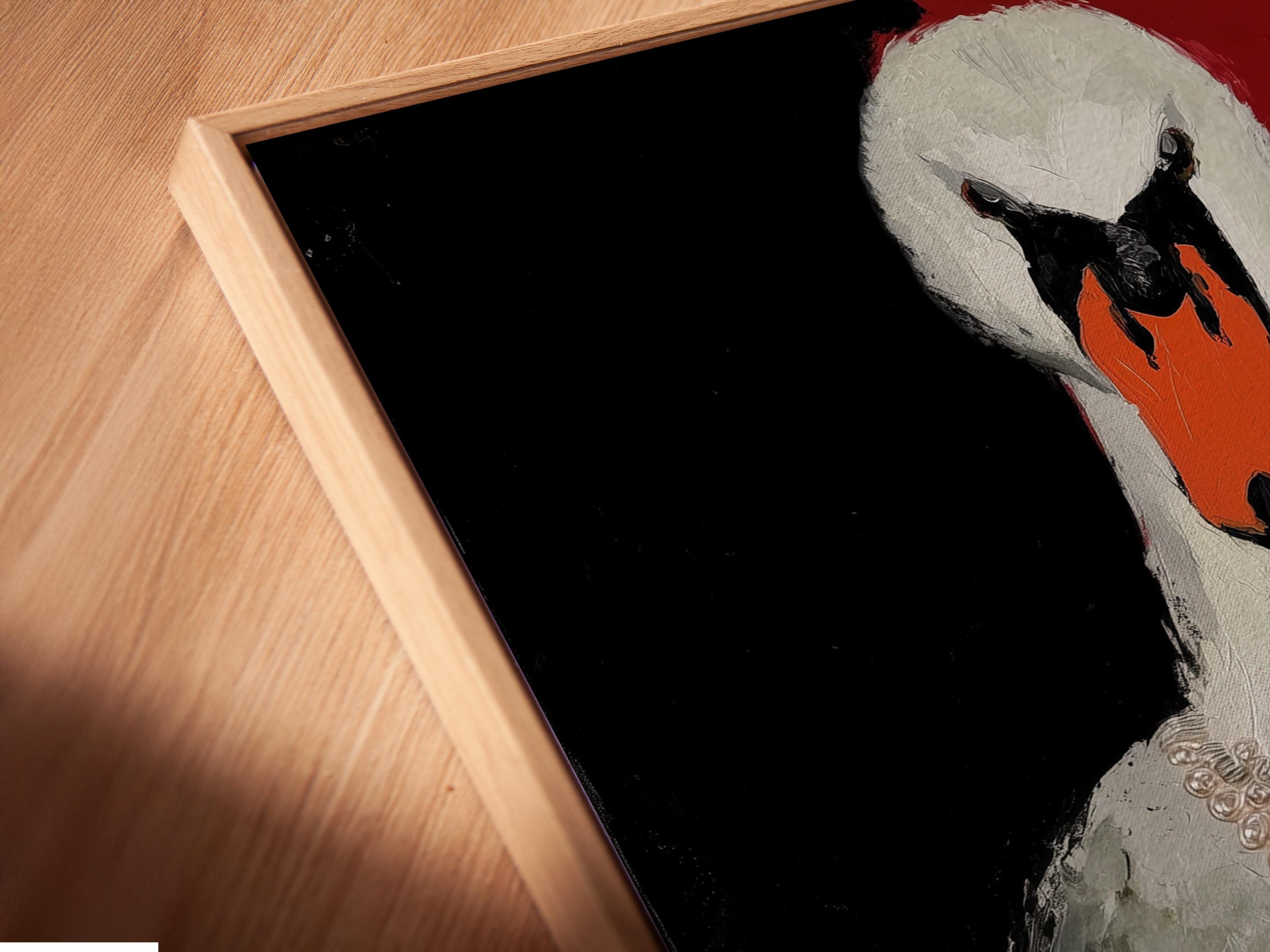 Stylised swan portrait in red and black with a pearl-like necklace detail view