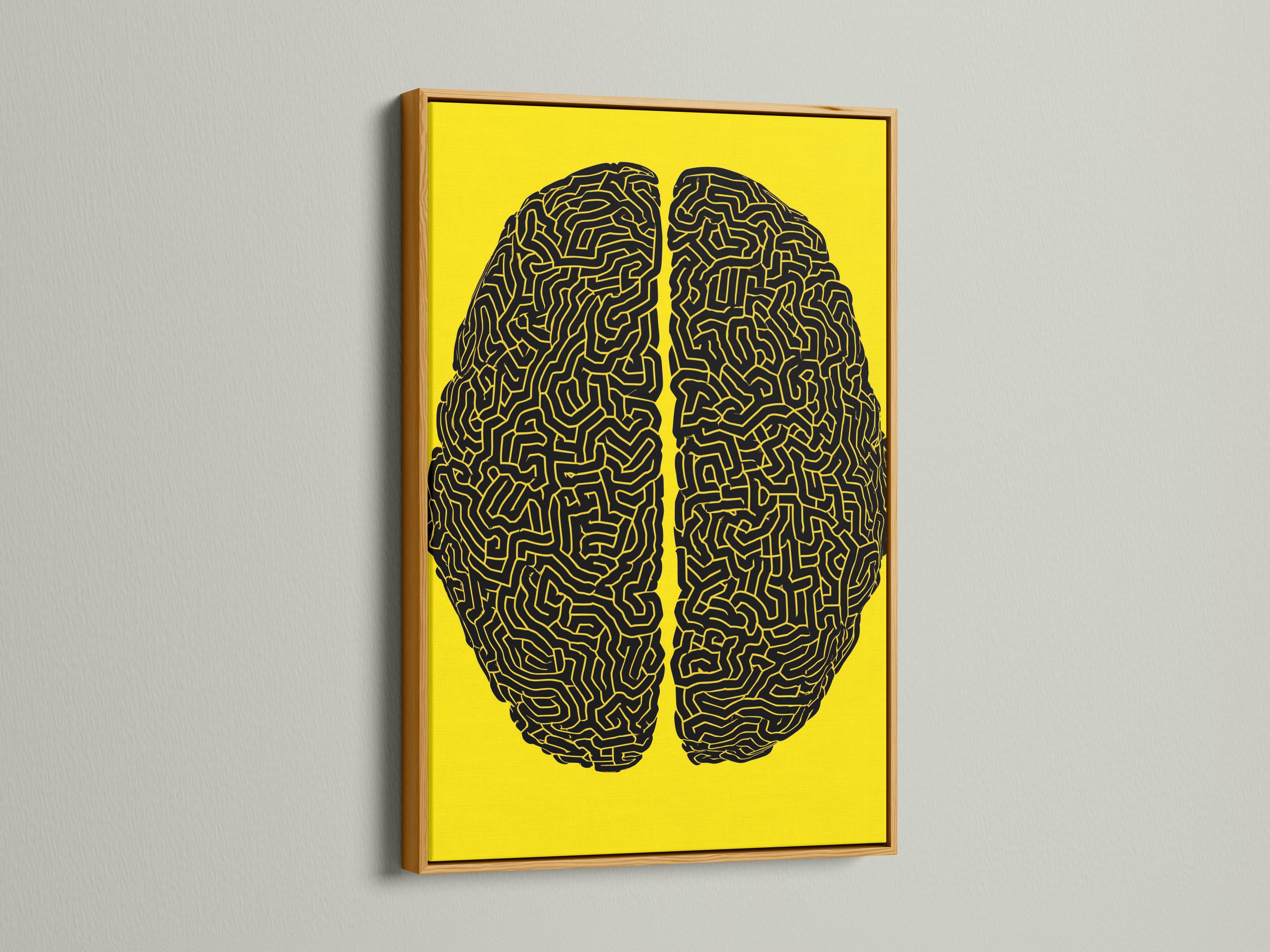 Two black brain silhouettes filled with maze-like lines on a yellow background detail view