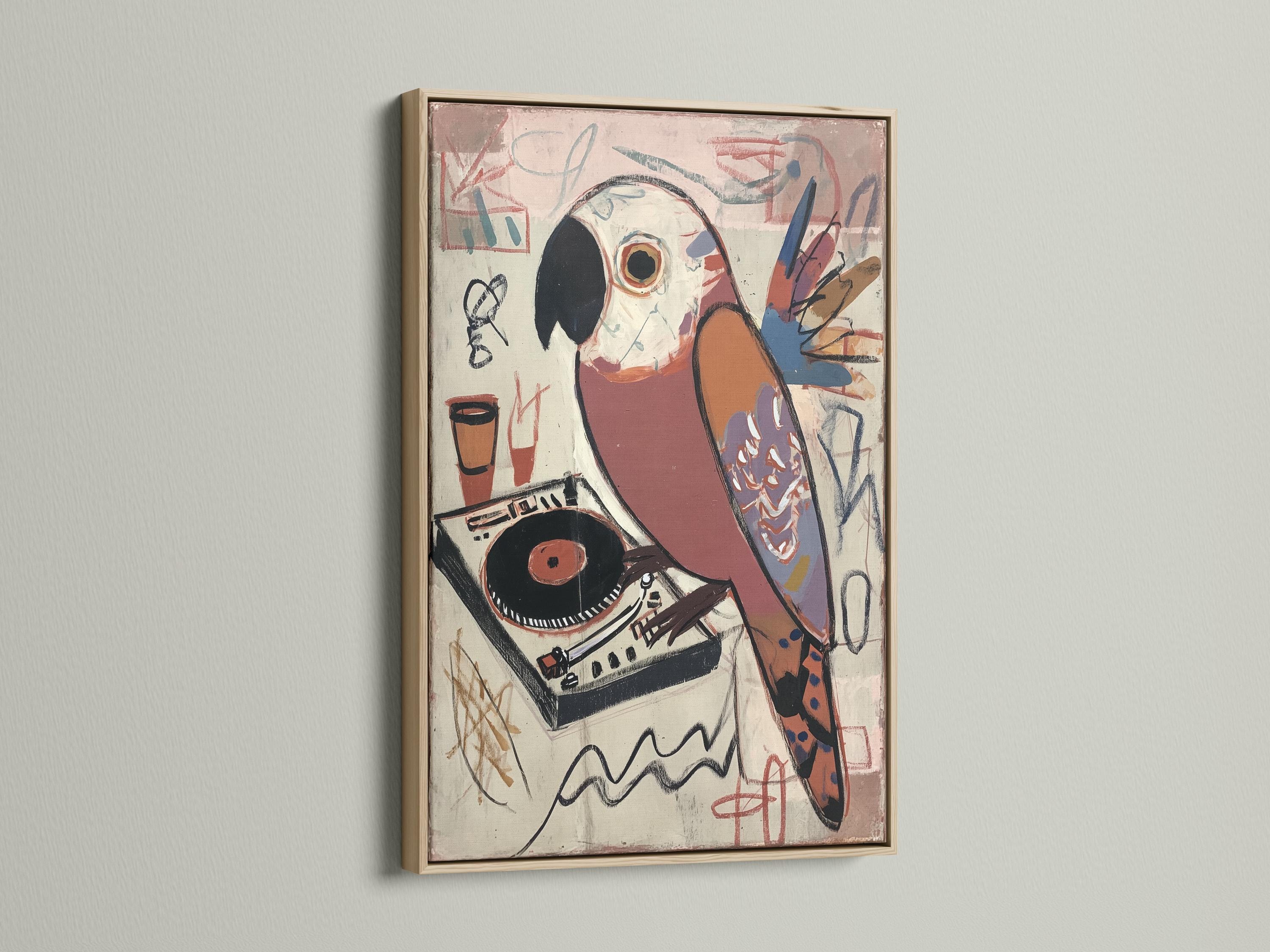 Stylised parrot above a vinyl record and turntable with graffiti-like music doodles detail view
