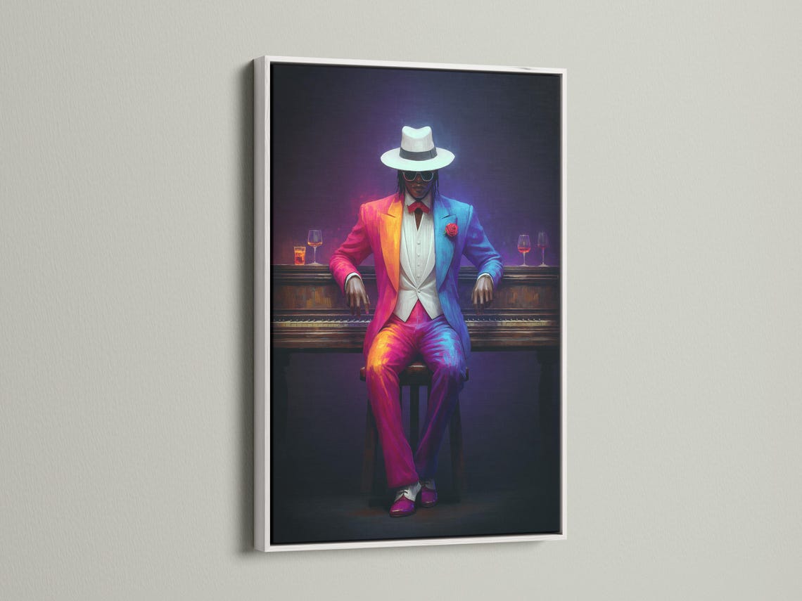 Neon-lit seated gentleman portrait in a hat with glowing wine glasses detail view