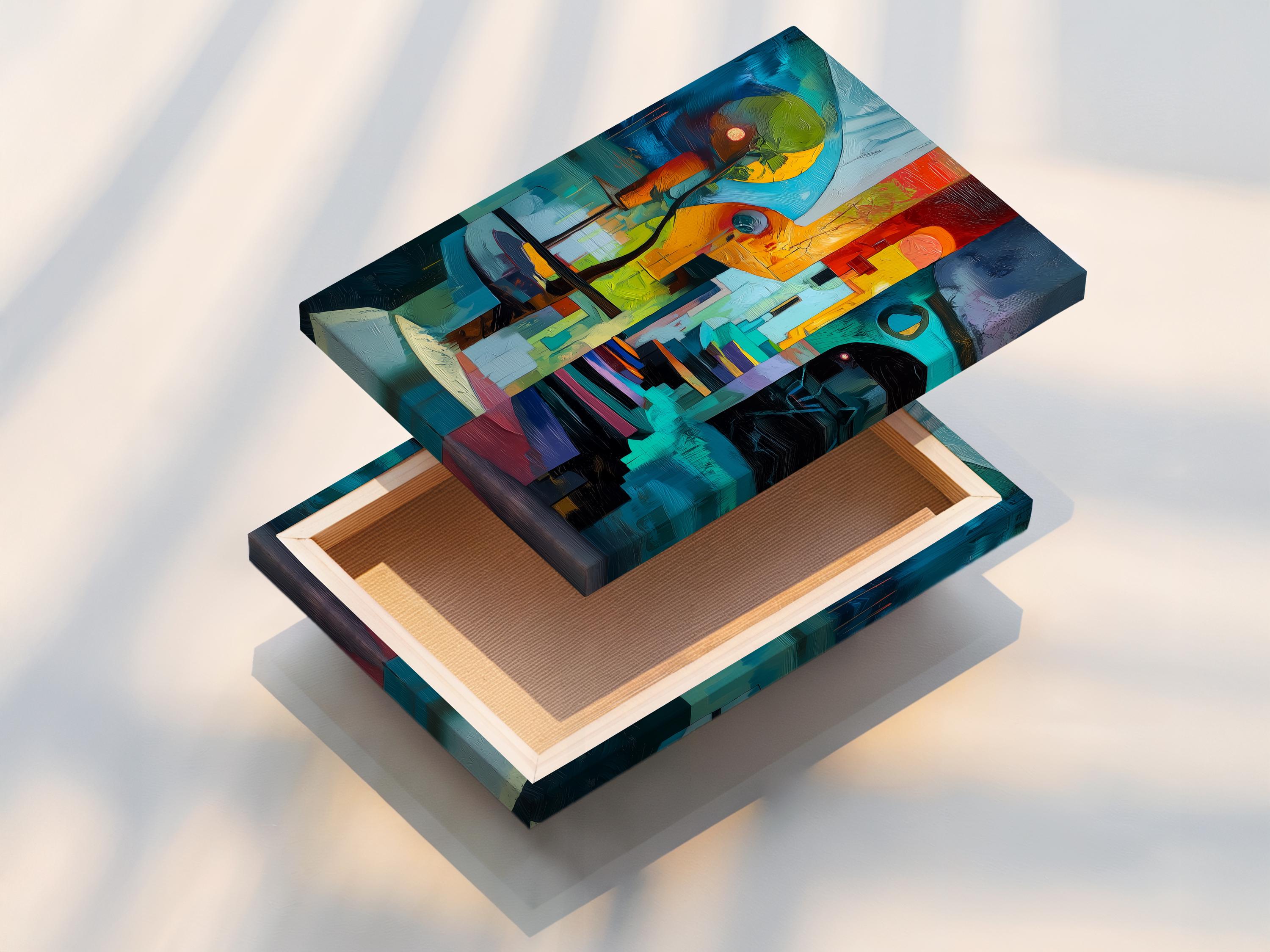 Person in yellow holding a cup standing beside a framed abstract geometric artwork