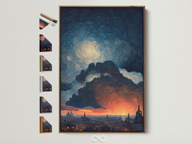 Swirling night sky over a city skyline with deep blue clouds and a warm orange glow