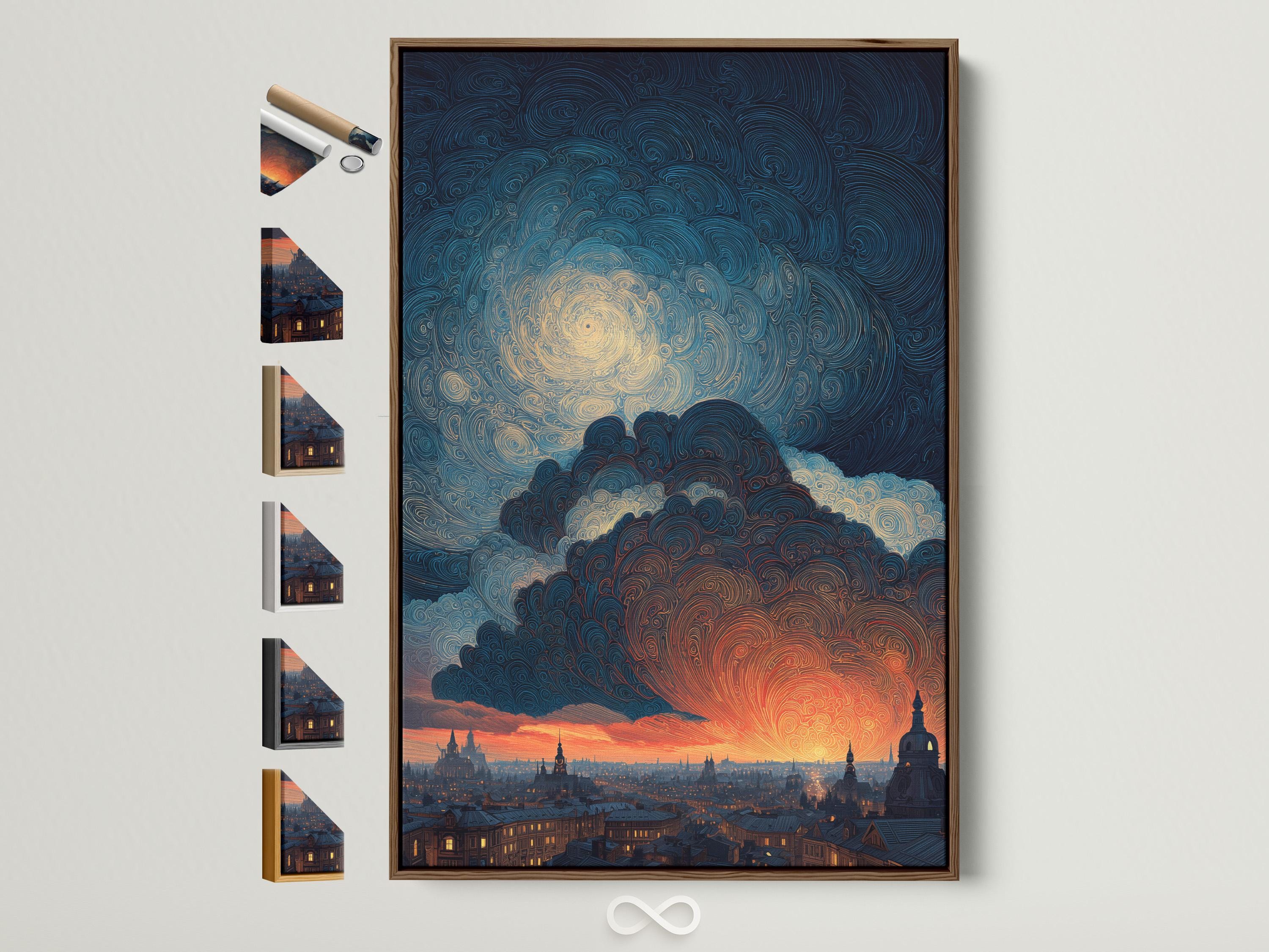 Swirling night sky over a city skyline with deep blue clouds and a warm orange glow