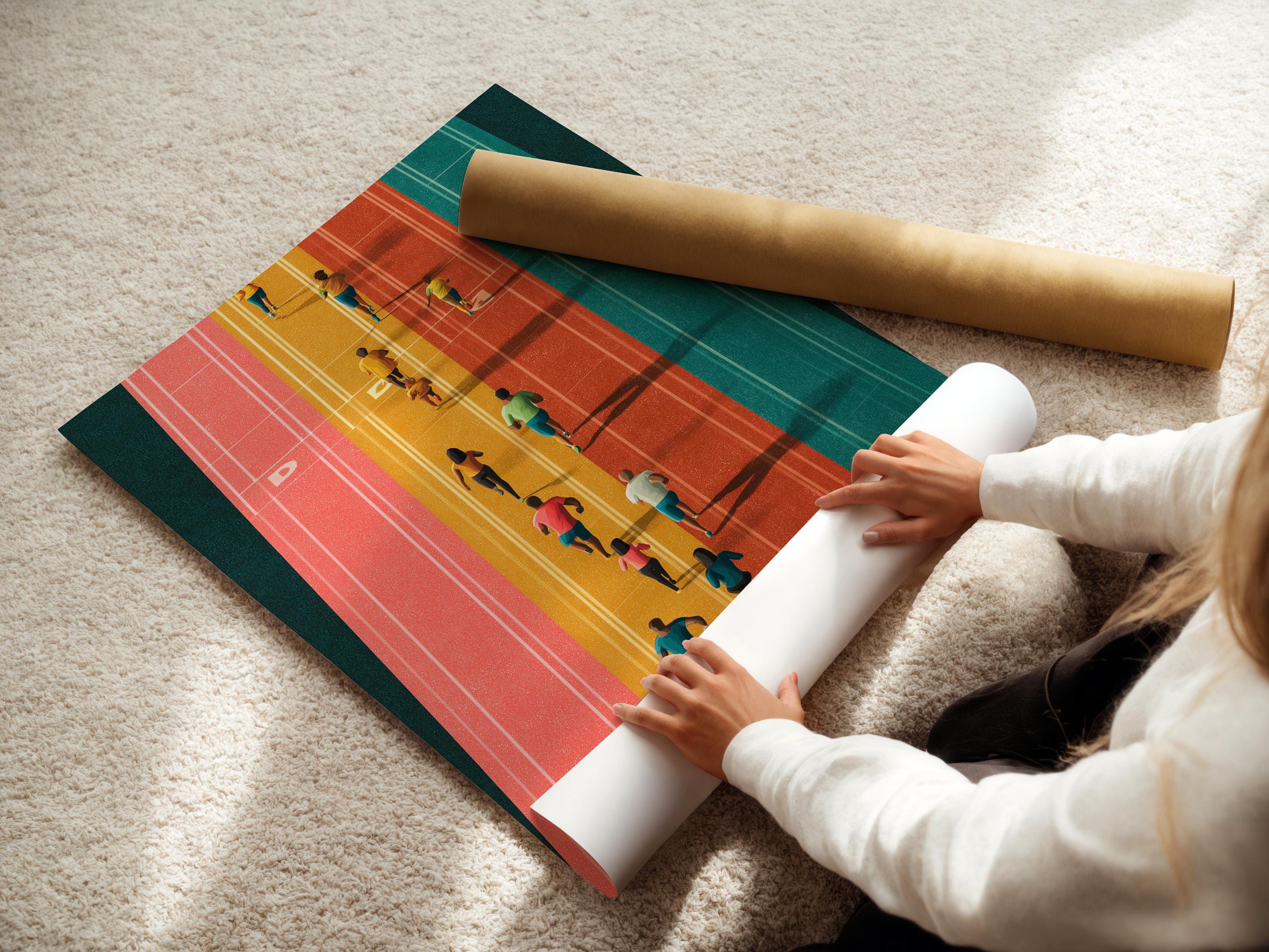 Room mockup showing framed aerial running track artwork with runners