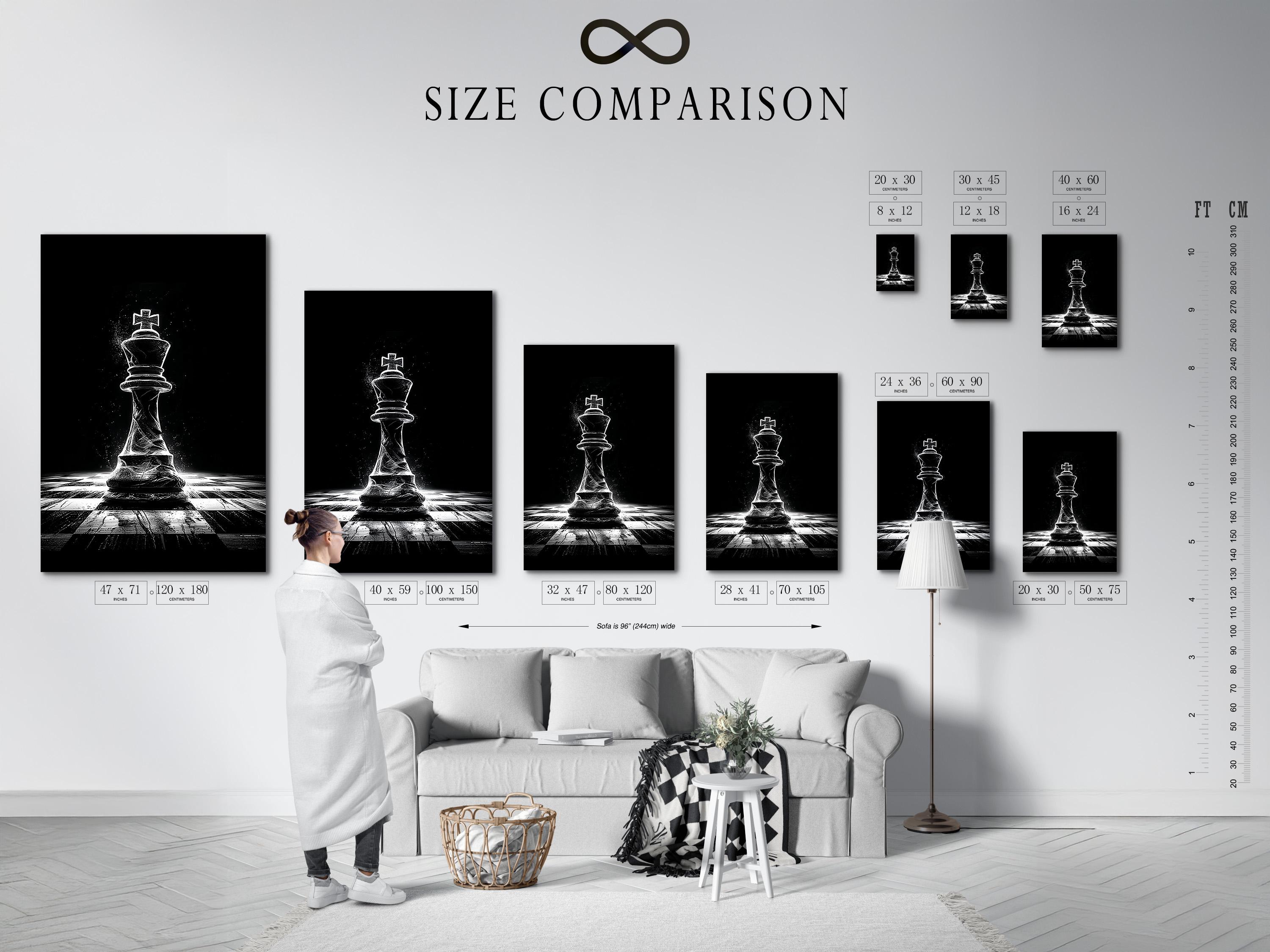 Black and white chess king illustration with a speckled background and perspective chessboard floor detail view