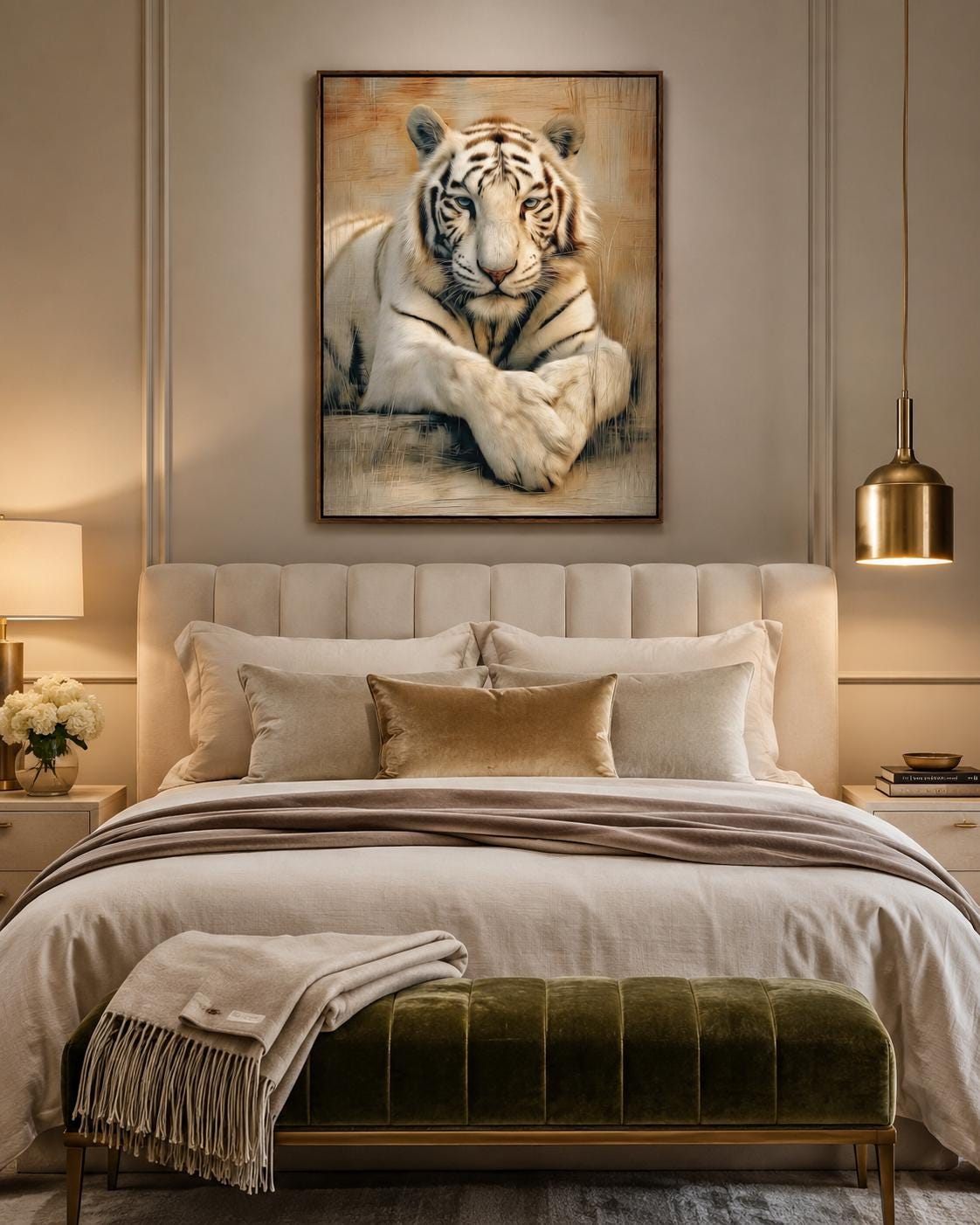 Office mockup with a tiger portrait artwork on the wall