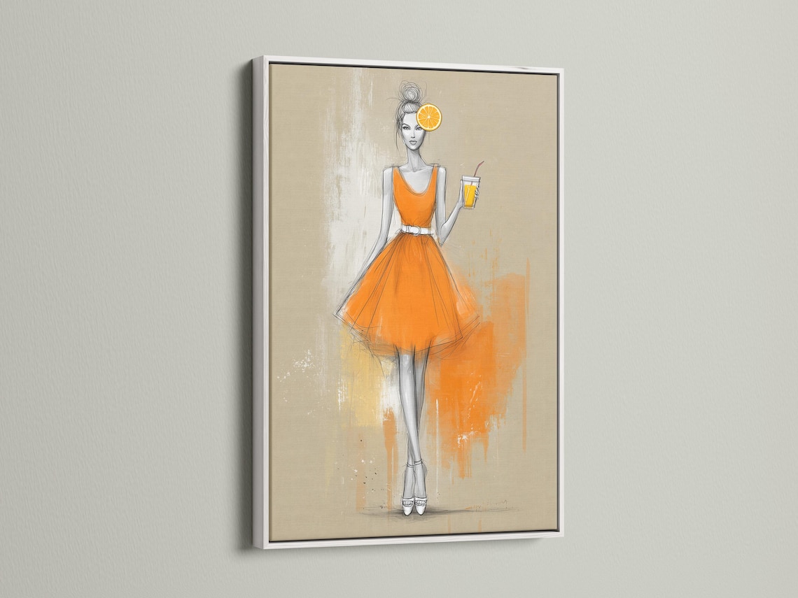 Fashion sketch of a woman in an orange dress holding a drink with an orange citrus slice above her head detail view
