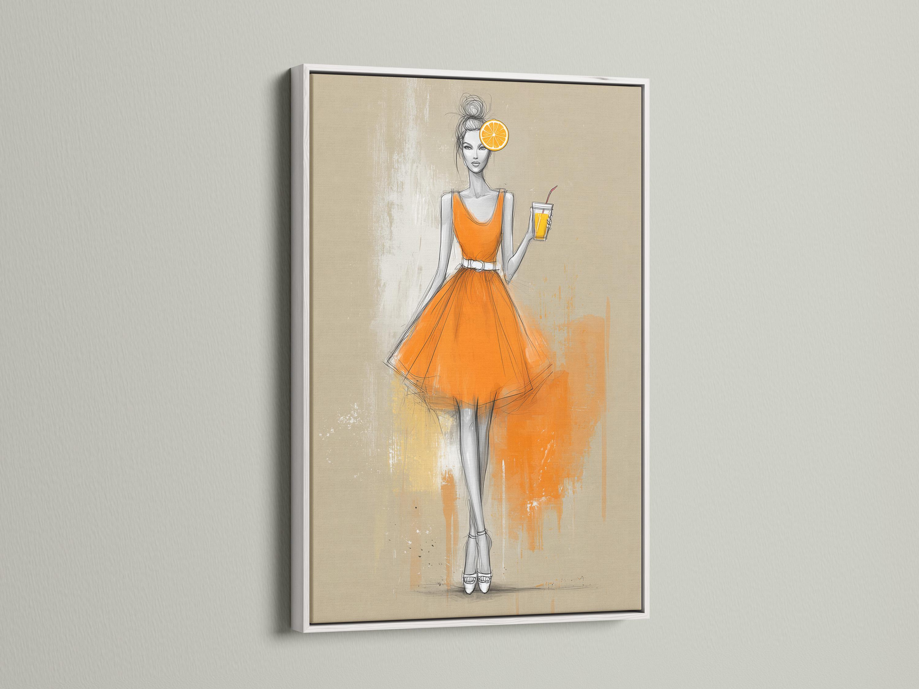 Fashion sketch of a woman in an orange dress holding a drink with an orange citrus slice above her head detail view