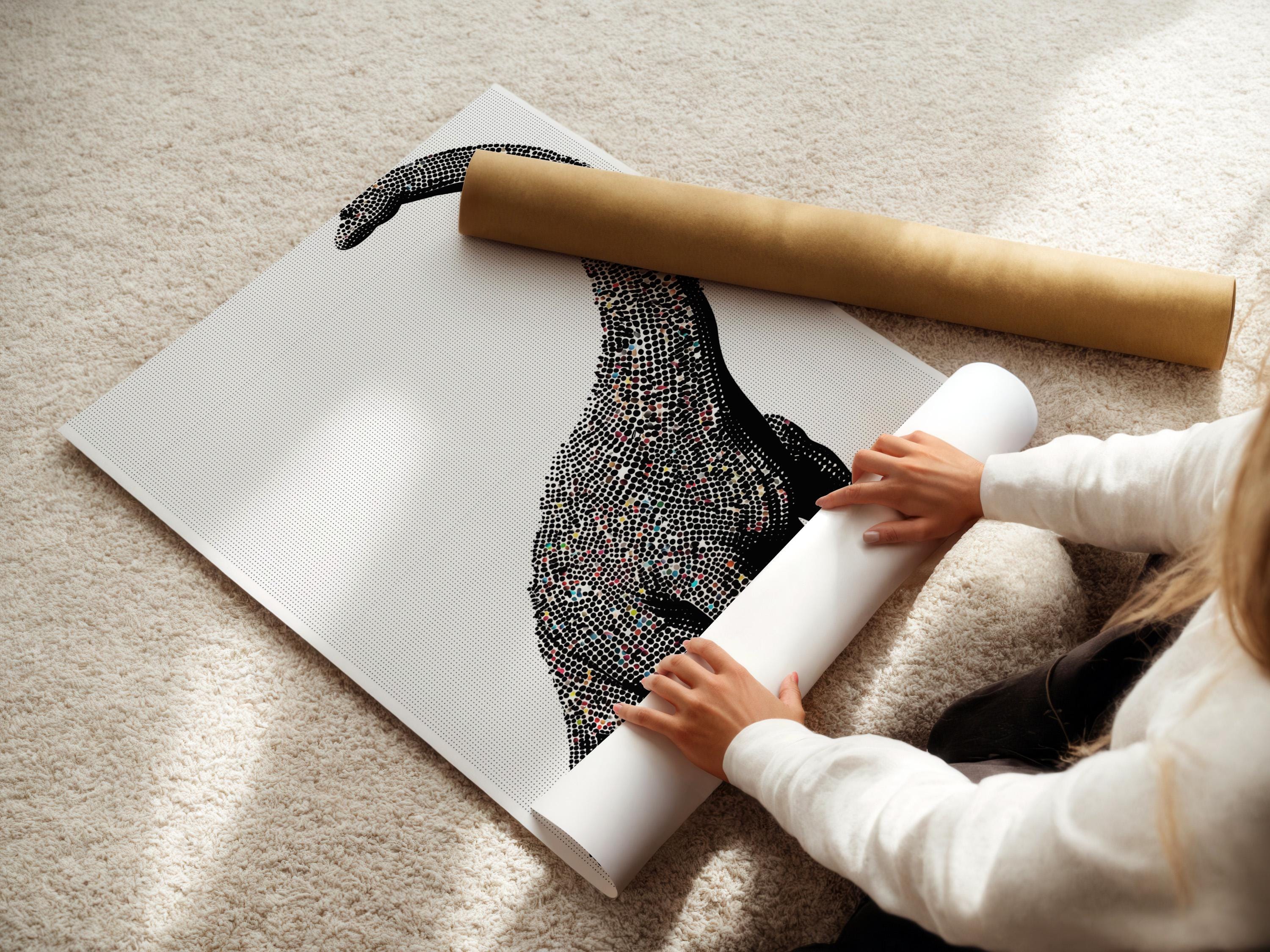 Minimalist dinosaur silhouette made from a dense dot pattern in black and off-white detail view